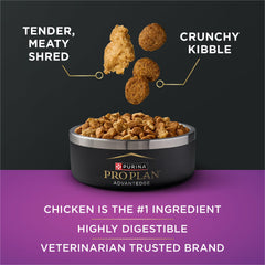 Purina Pro Plan AdvantEDGE senior small-breed kibble-closeup highlights shredded texture appreciated by seniors.