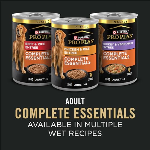 Purina Pro Plan balanced nutrition for adult dogs depicted on product label.
