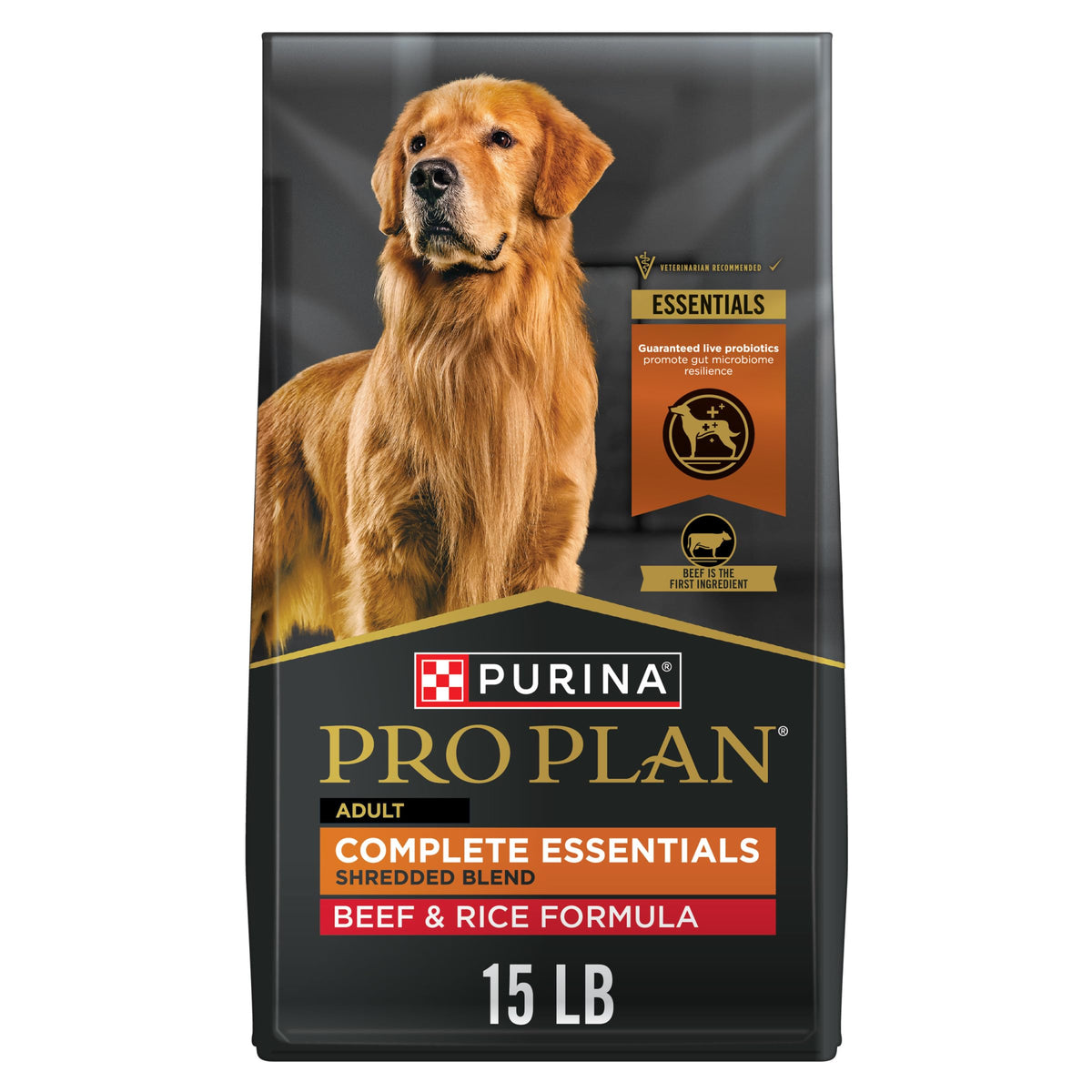 Purina Pro Plan Complete Essentials beef and rice kibble for balanced daily nutrition
