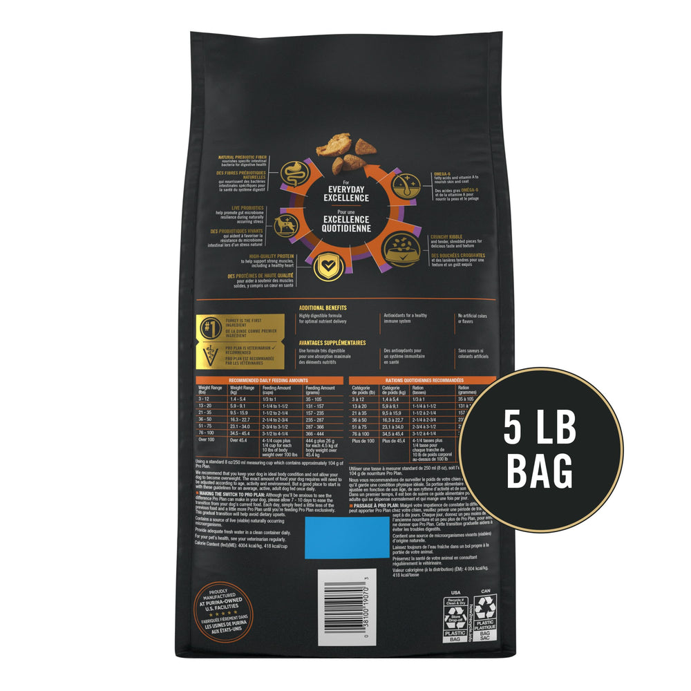 Purina Pro Plan Complete Essentials dinde et riz, probiotiques vivants pour digestion potentielle.