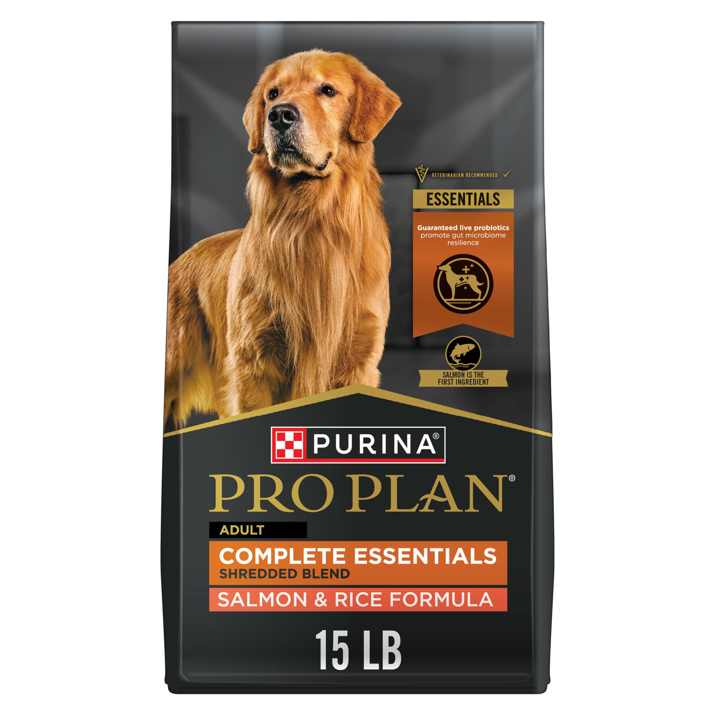 Purina Pro Plan Complete Essentials salmon and rice bag front shows premium adult dog food.