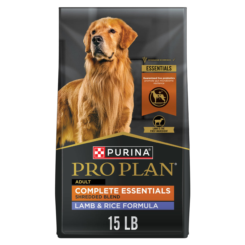 Purina Pro Plan Complete Essentials bag front, high-protein formula for adult dogs.