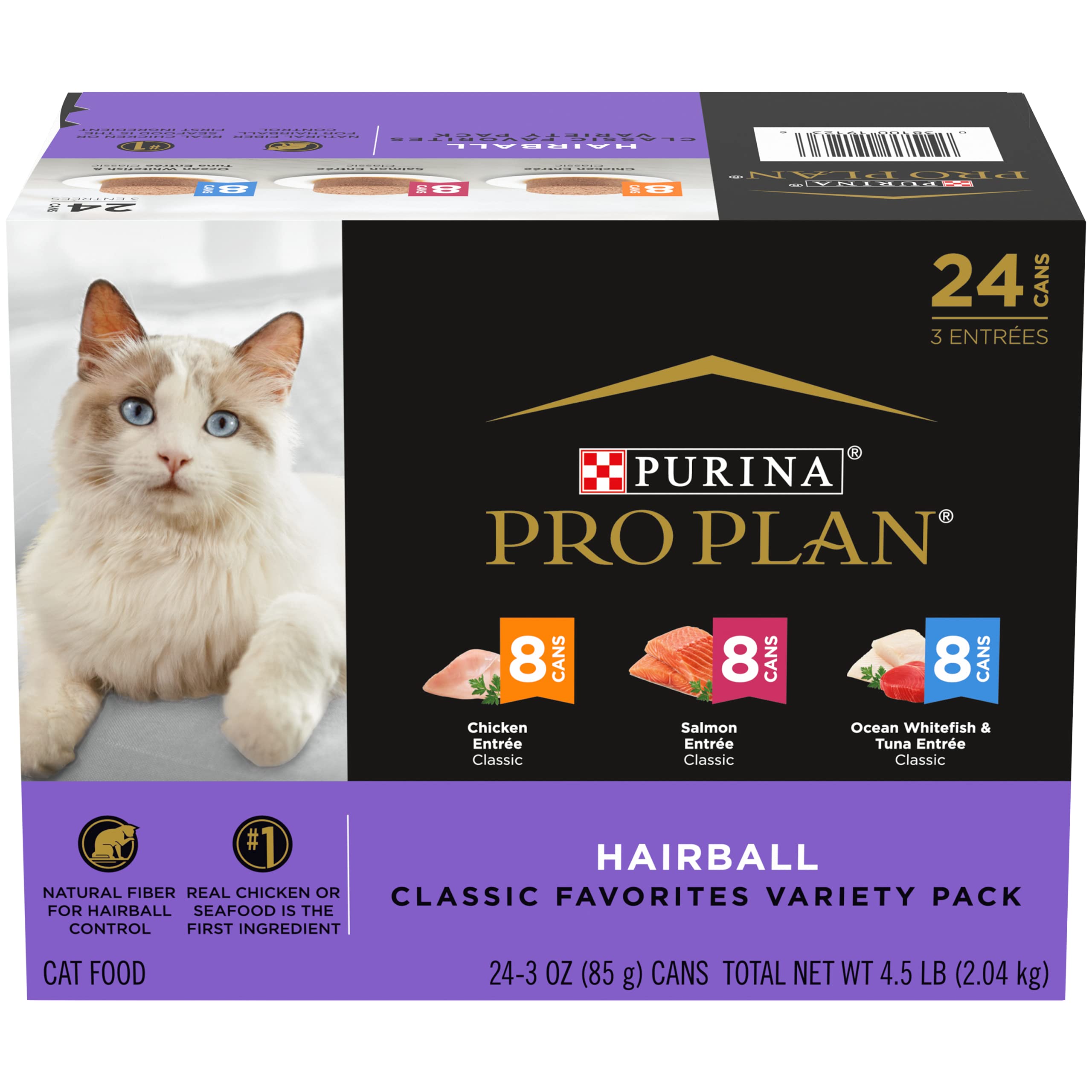Purina Pro Plan Hairball Salmon Entree can with real salmon supports lean muscle.