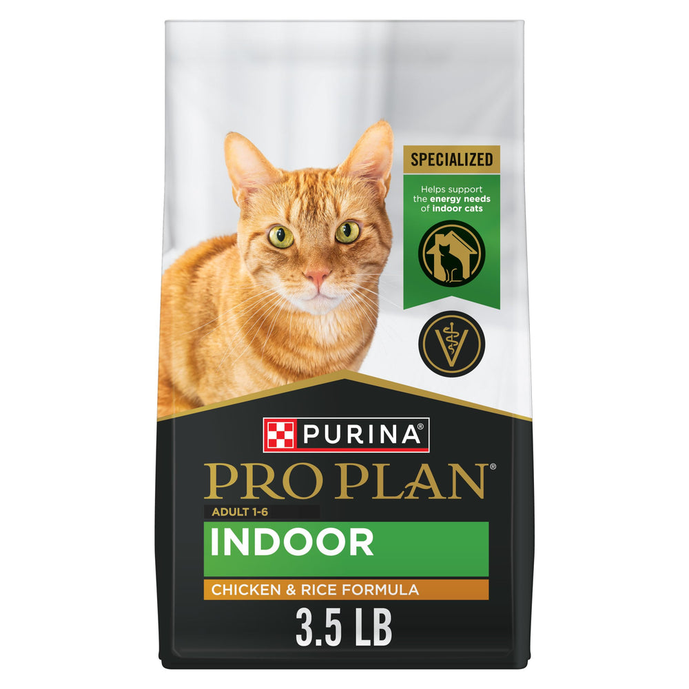 Purina Pro Plan indoor chicken and rice bag showing real chicken first ingredient for protein.