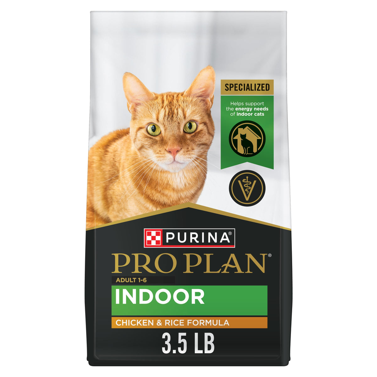 Purina Pro Plan indoor chicken and rice bag showing real chicken first ingredient for protein.