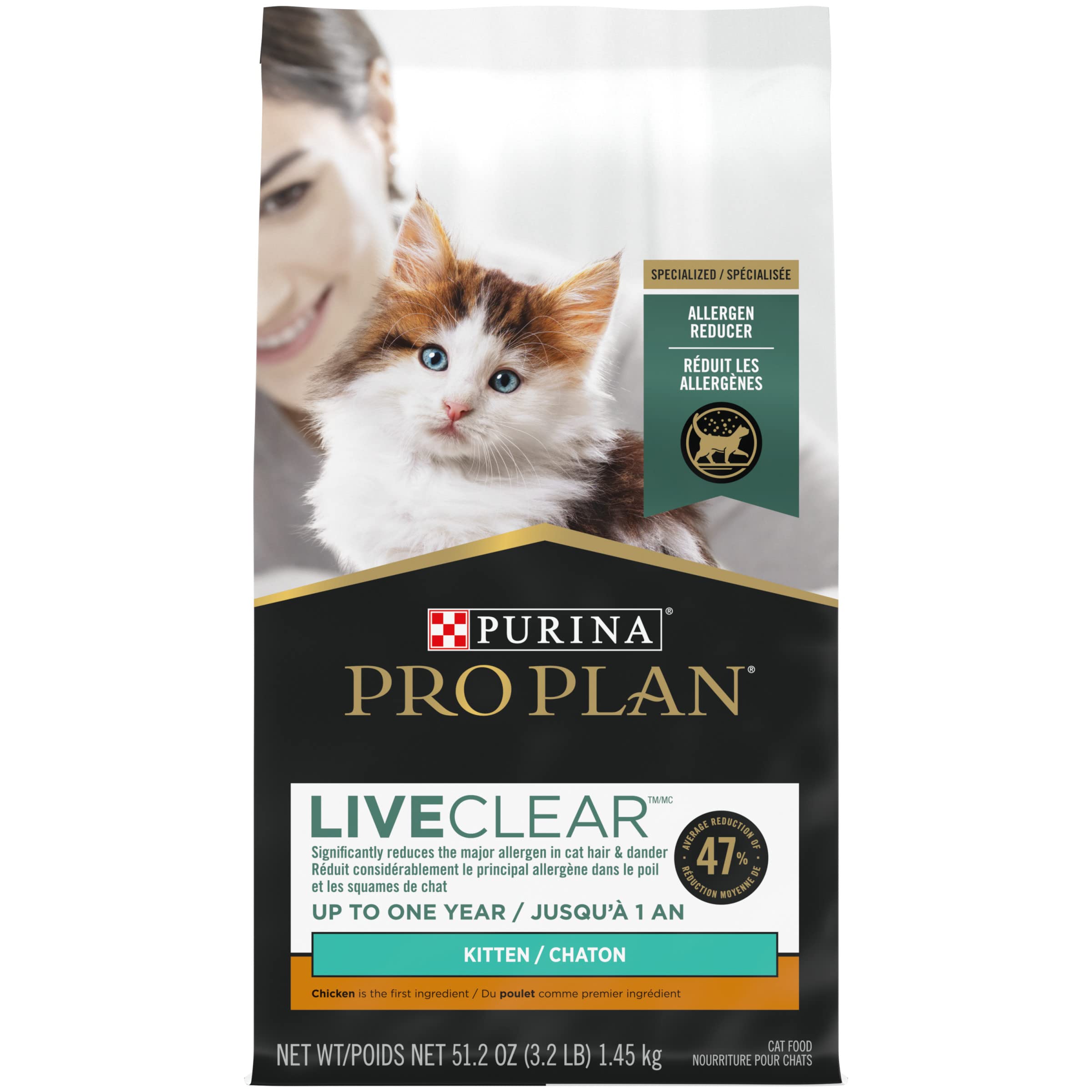 Purina Pro Plan LiveClear kitten bag showing allergen-reducing formula for growing felines.