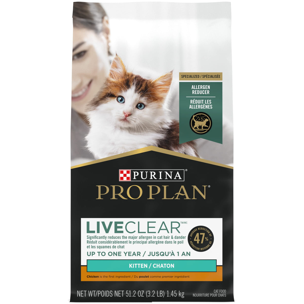 Purina Pro Plan LiveClear kitten bag showing allergen-reducing formula for growing felines.