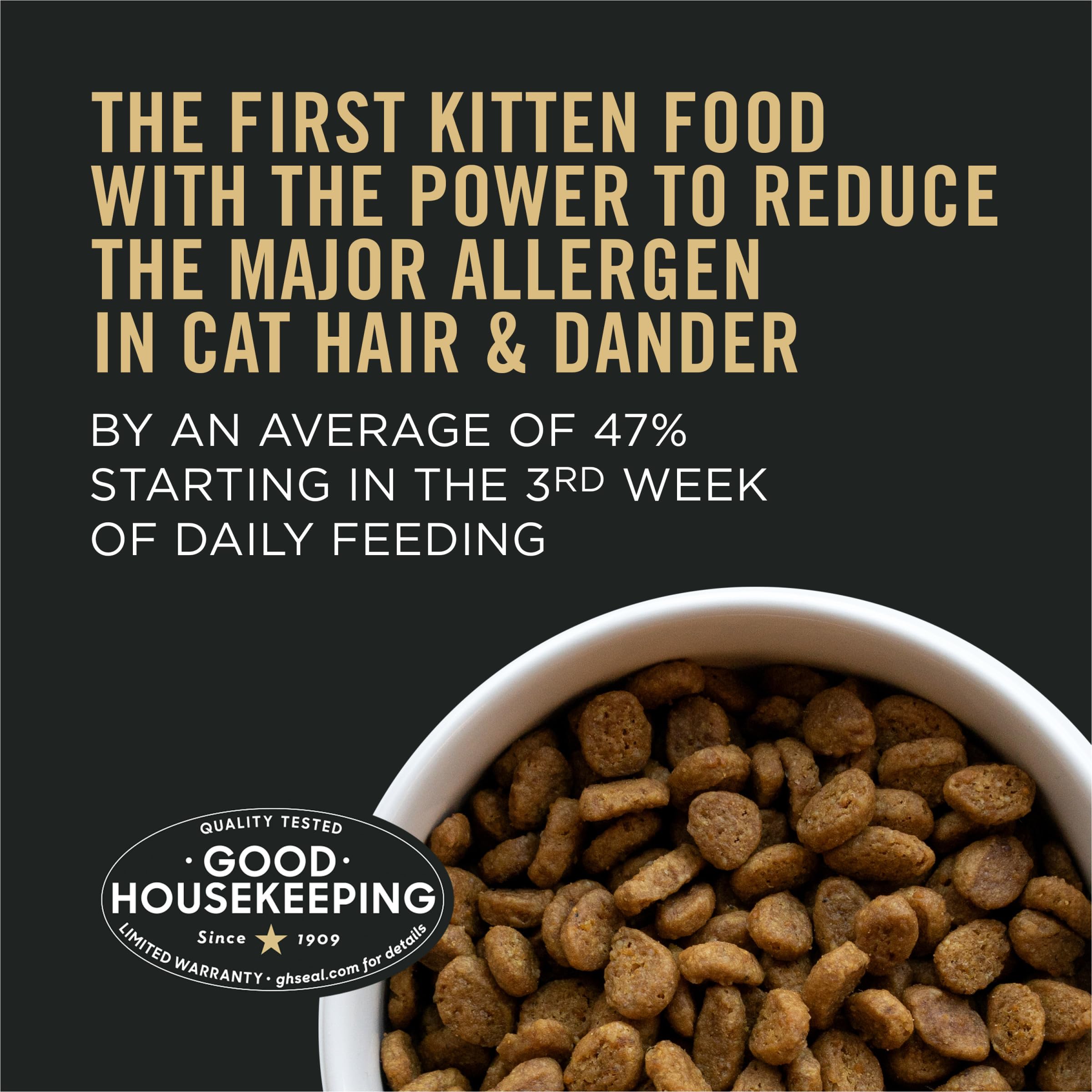 Purina Pro Plan LiveClear kitten serving bowl highlights protein-rich chicken and rice.