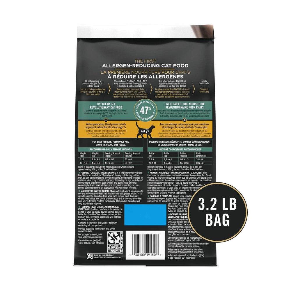 Purina Pro Plan LiveClear Senior Cat Food 7+ chicken and rice formula for seniors.