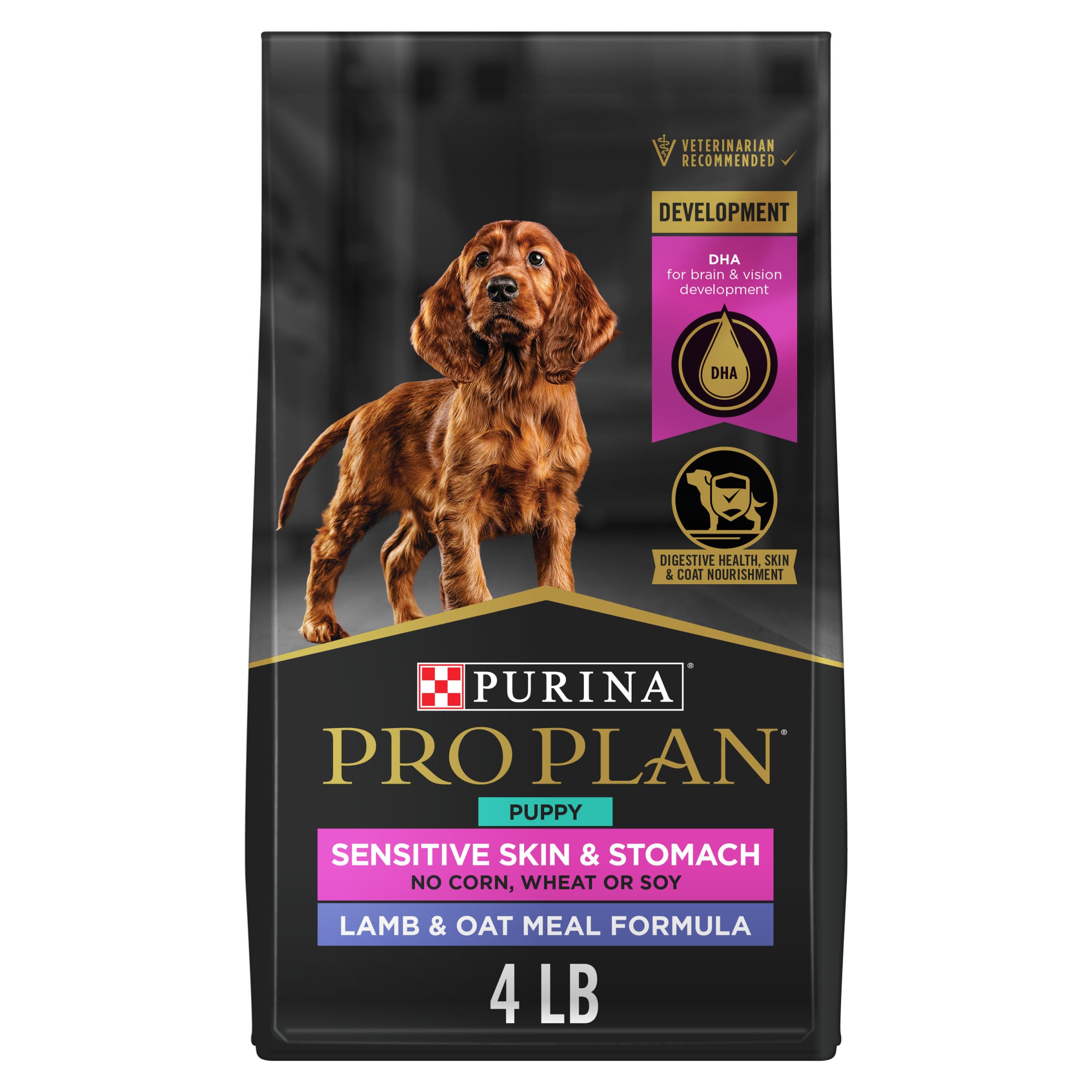 Purina Pro Plan Puppy Sensitive Skin Stomach Lamb-Oat-Meal-First-Ingredient highlights protein-first start for puppies