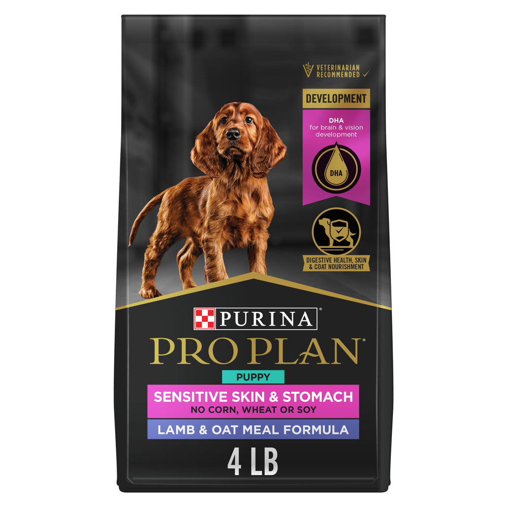 Purina Pro Plan Puppy Sensitive Skin Stomach Lamb-Oat-Meal-First-Ingredient highlights protein-first start for puppies