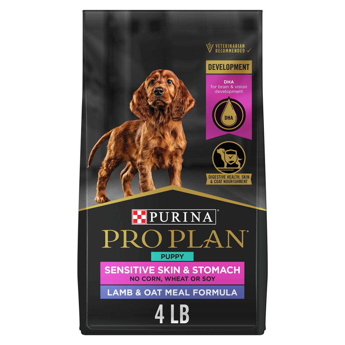 Purina Pro Plan Puppy Sensitive Skin Stomach Lamb-Oat-Meal-First-Ingredient highlights protein-first start for puppies
