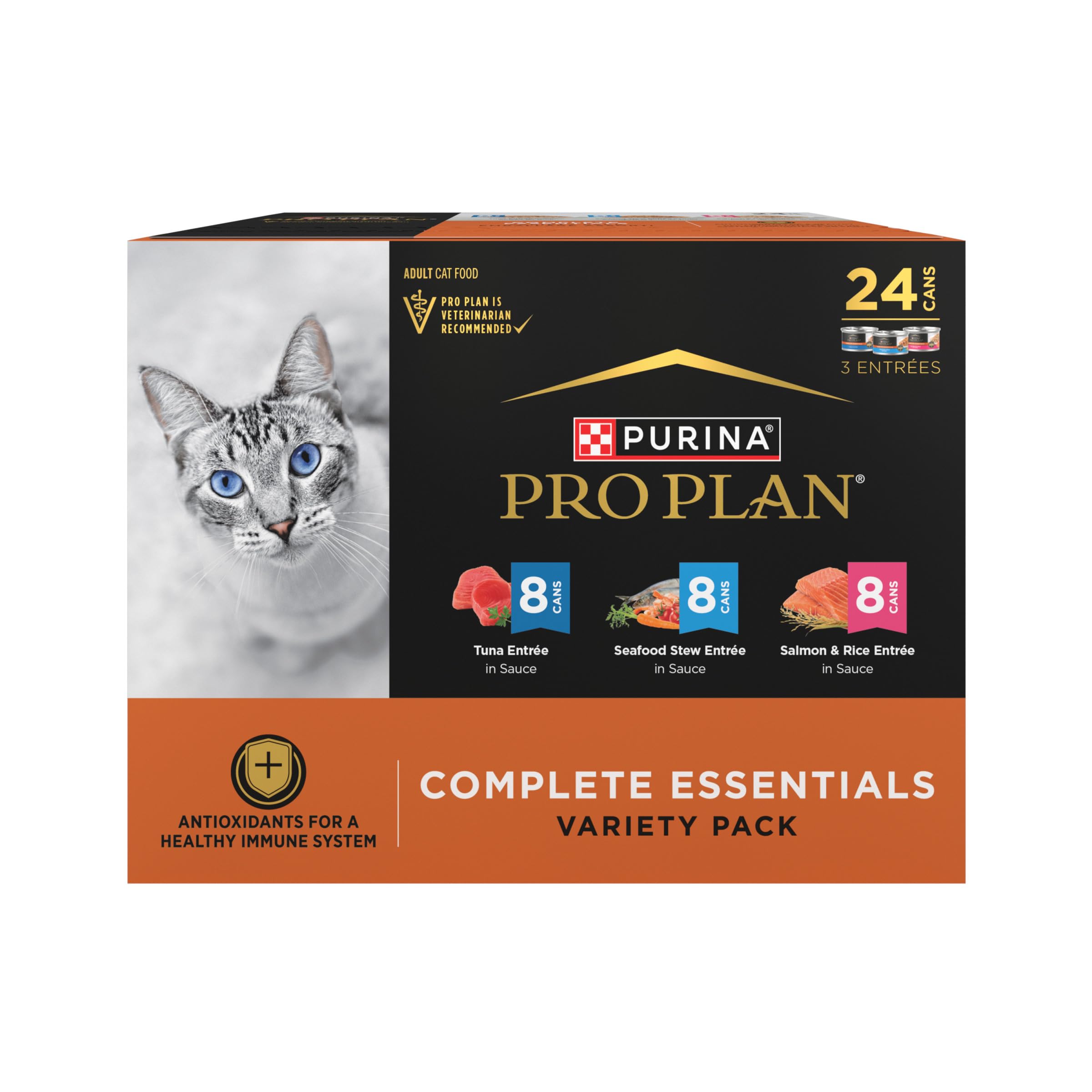 Purina Pro Plan SeaFood Favorites salmon entree image, high-protein wet cat food for adult cats.