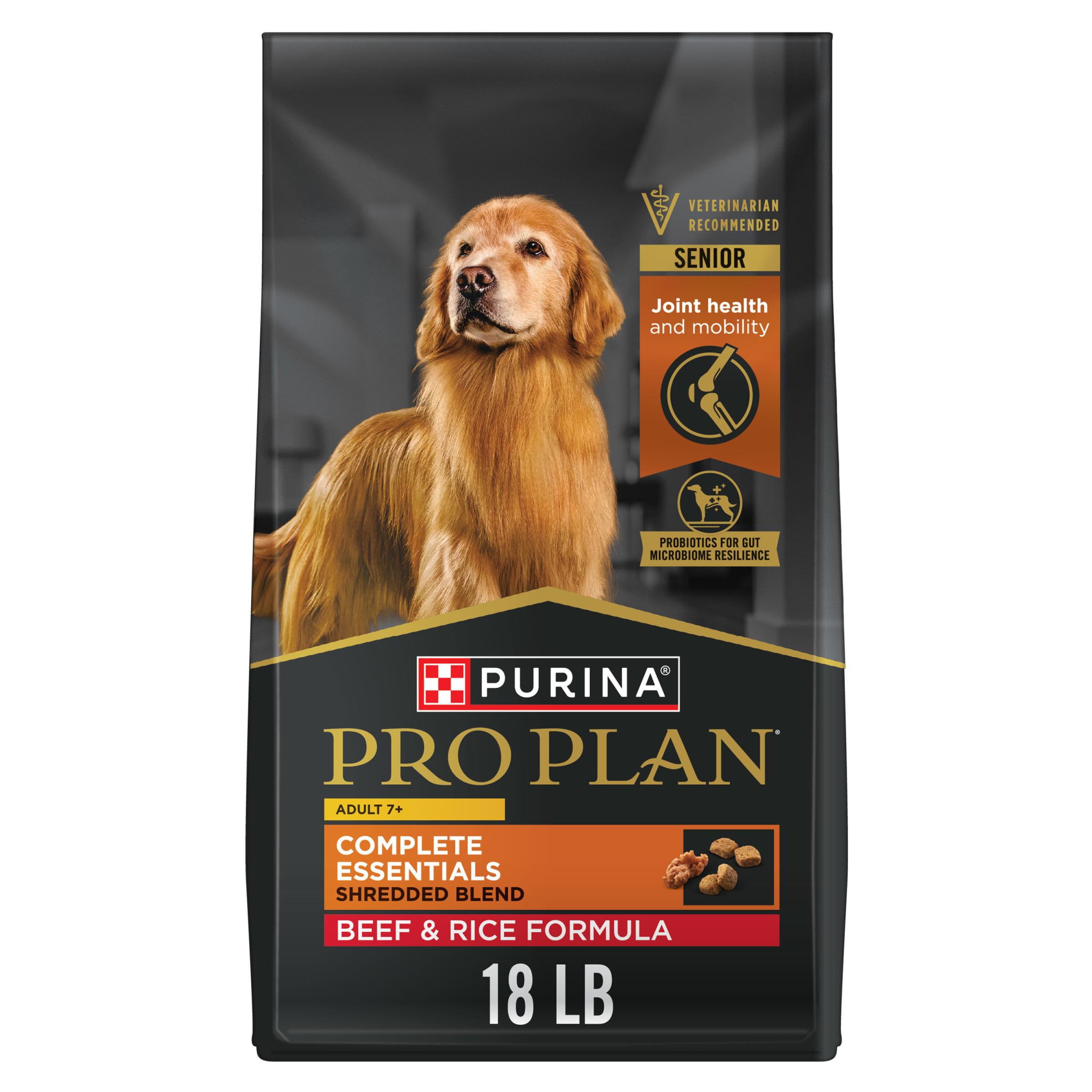 Purina Pro Plan Senior 7 Plus beef and rice kibble in bag promotes lean muscle