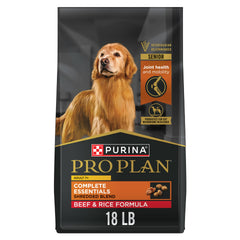 Purina Pro Plan Senior 7 Plus beef and rice kibble in bag promotes lean muscle