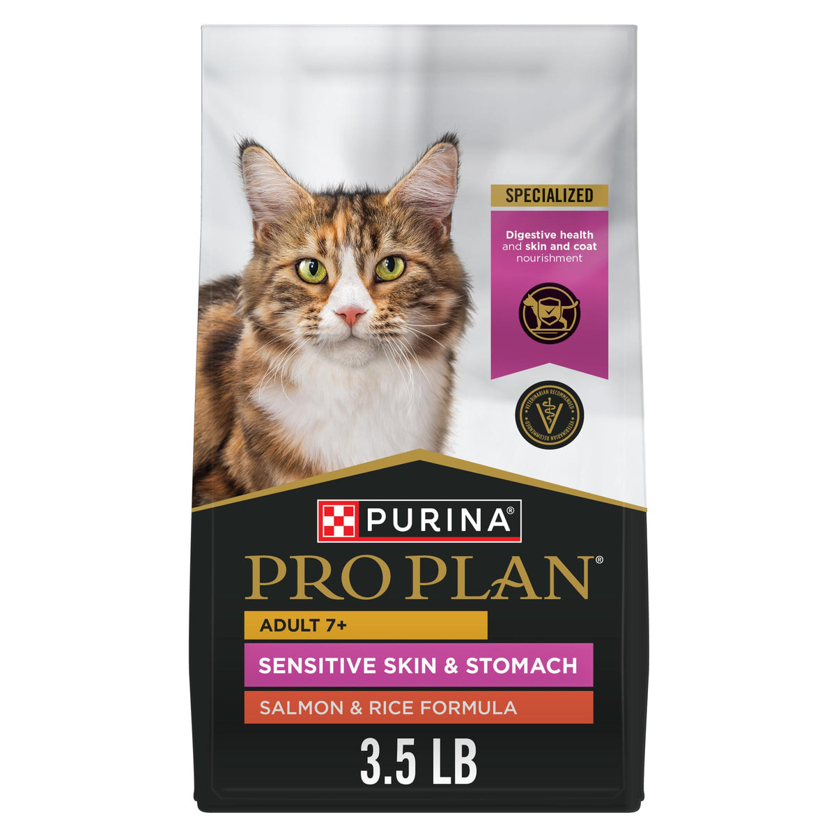 Purina Pro Plan Sensitive Skin and Stomach Senior Cat Food Salmon Rice bag for daily nutrition.