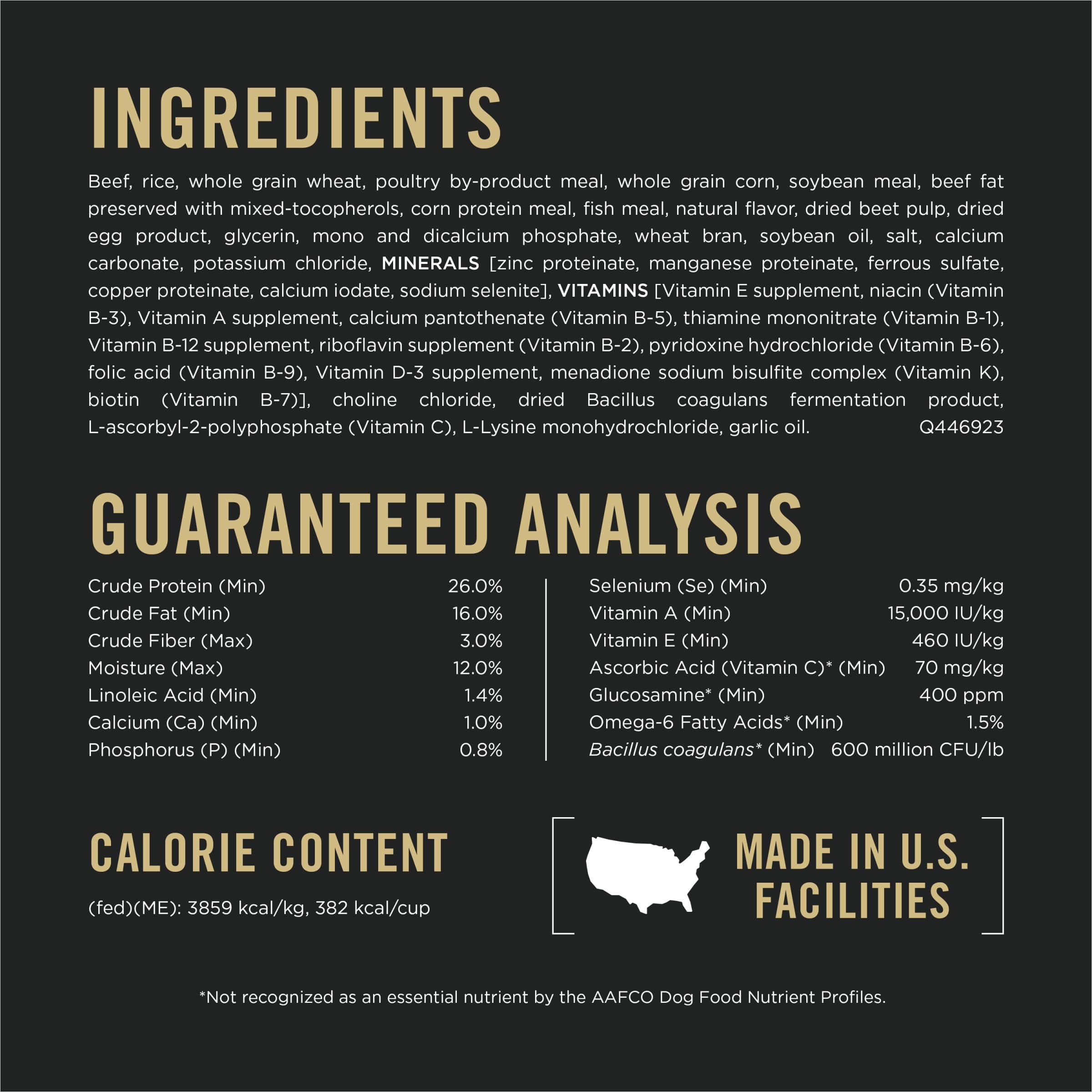 Purina Pro Plan ingredients include vitamin A and omega-6 for healthy skin and coat.