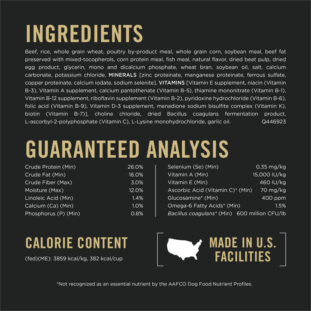 Purina Pro Plan ingredients include vitamin A and omega-6 for healthy skin and coat.