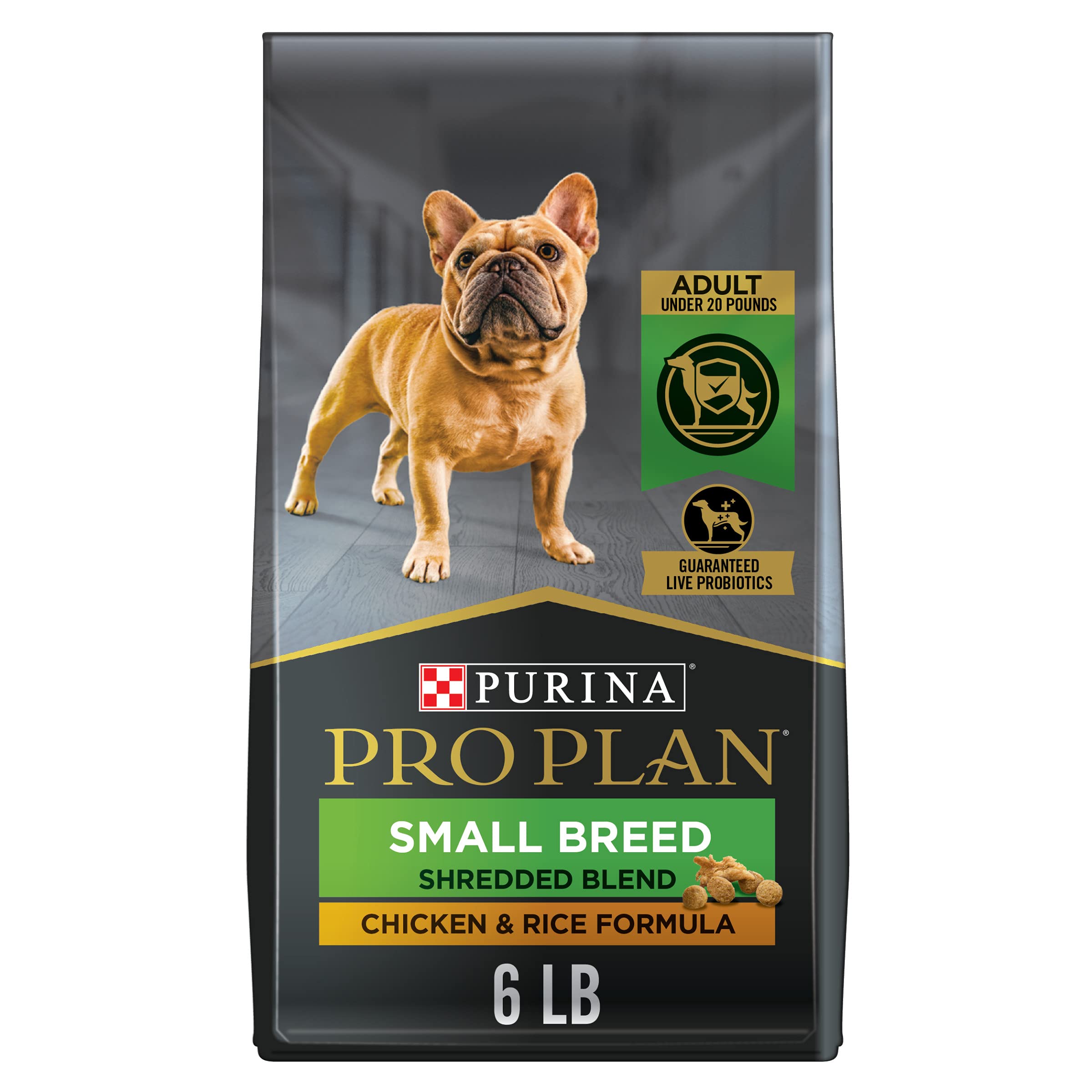 Purina Pro Plan Small Breed Shredded Blend bag shows small-dog friendly texture for easy eating
