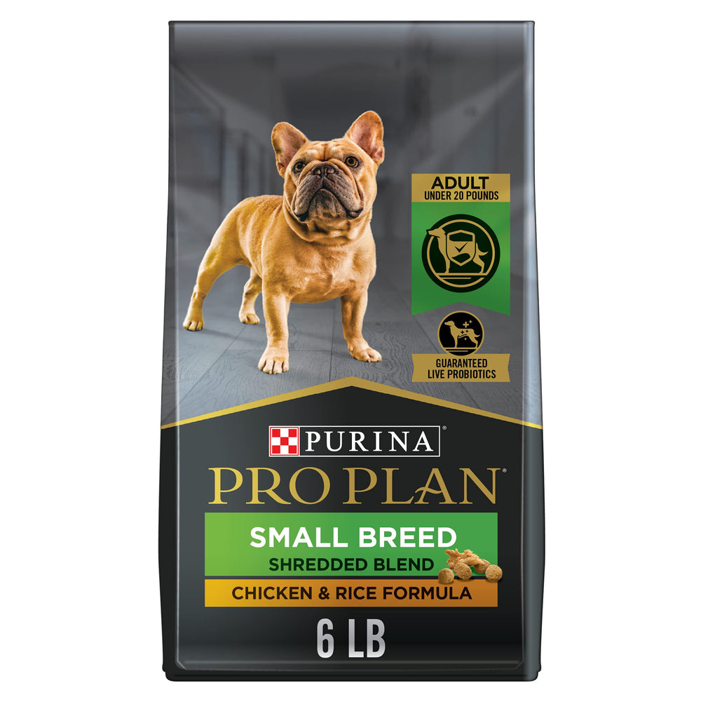 Purina Pro Plan Small Breed Shredded Blend bag shows small-dog friendly texture for easy eating
