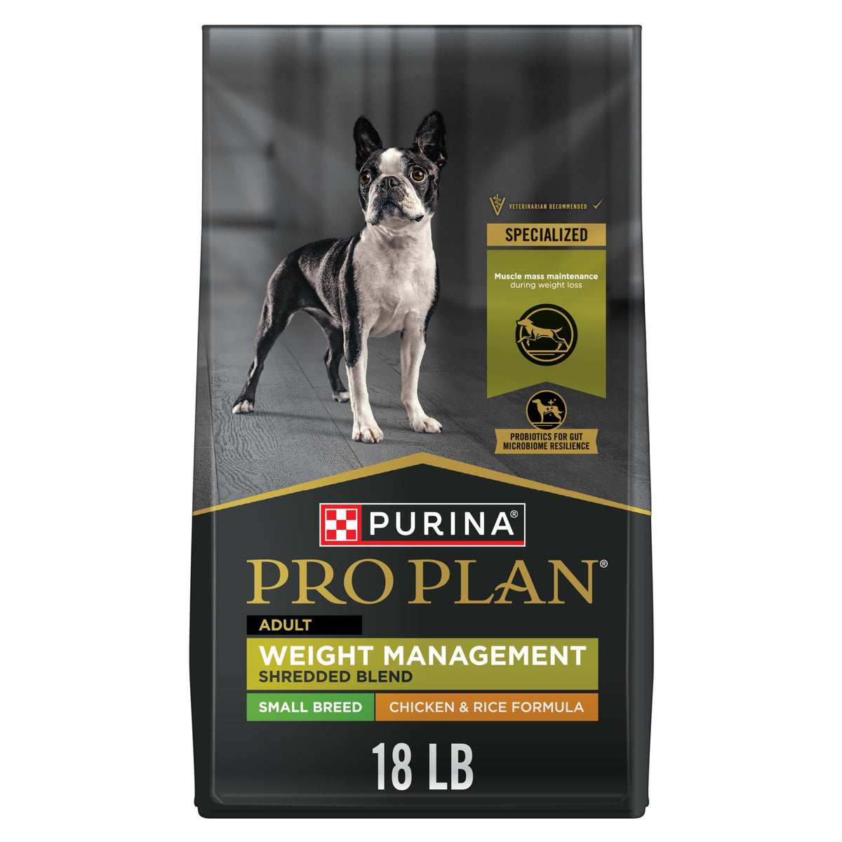 Purina Pro Plan Small Breed Weight Management bag front shows premium formula for lean muscle