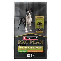 Purina Pro Plan Small Breed Weight Management bag front shows premium formula for lean muscle