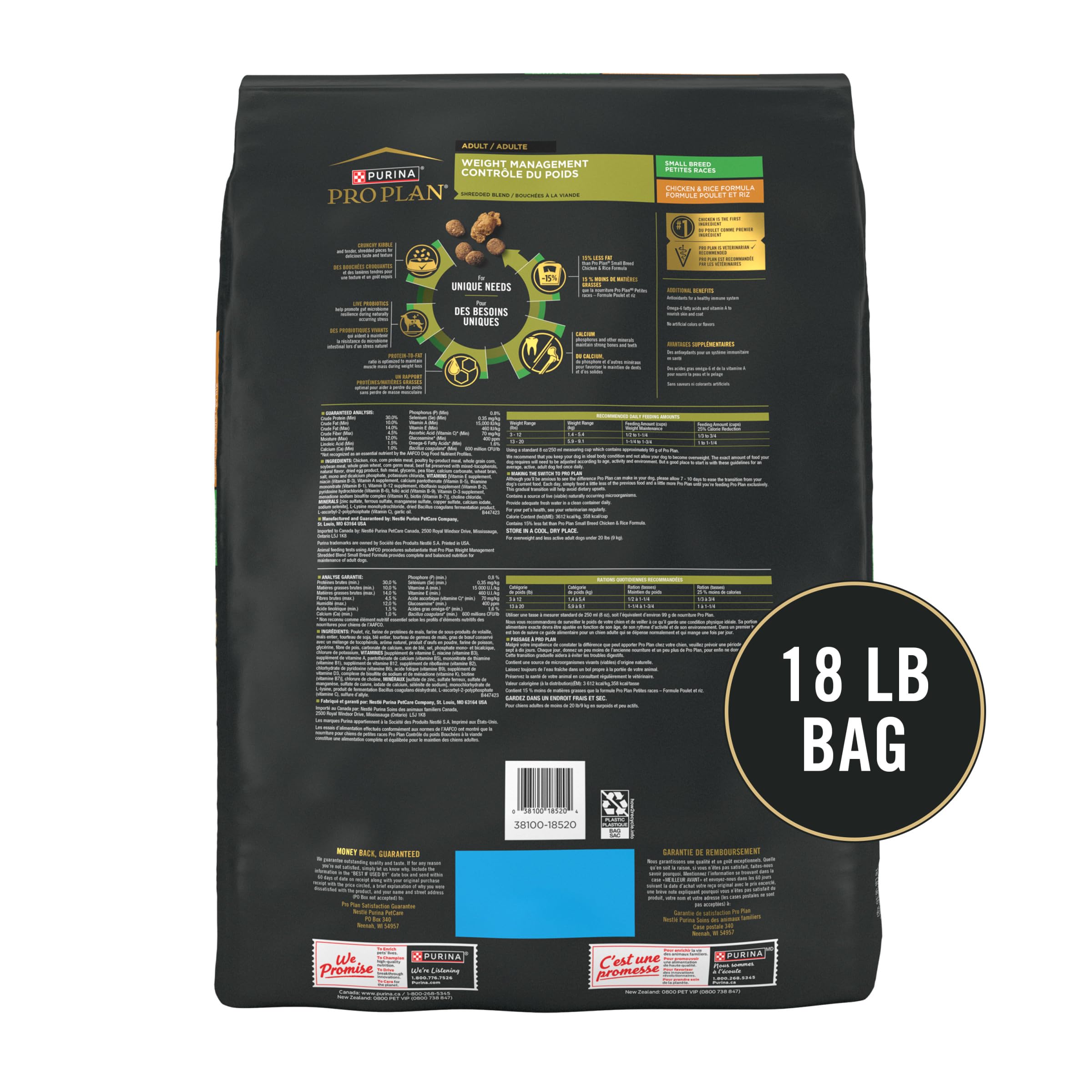 Purina Pro Plan Small Breed Weight Management first ingredient real chicken for high protein meals
