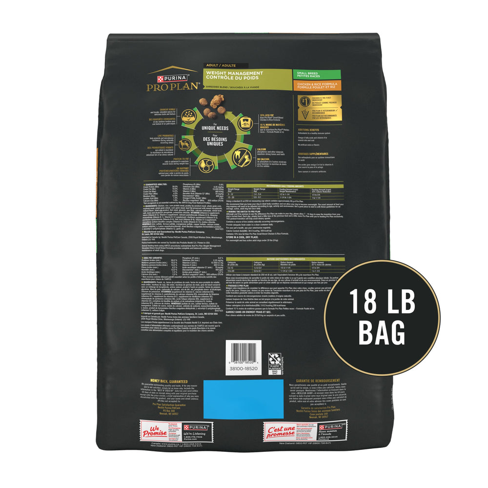 Purina Pro Plan Small Breed Weight Management first ingredient real chicken for high protein meals