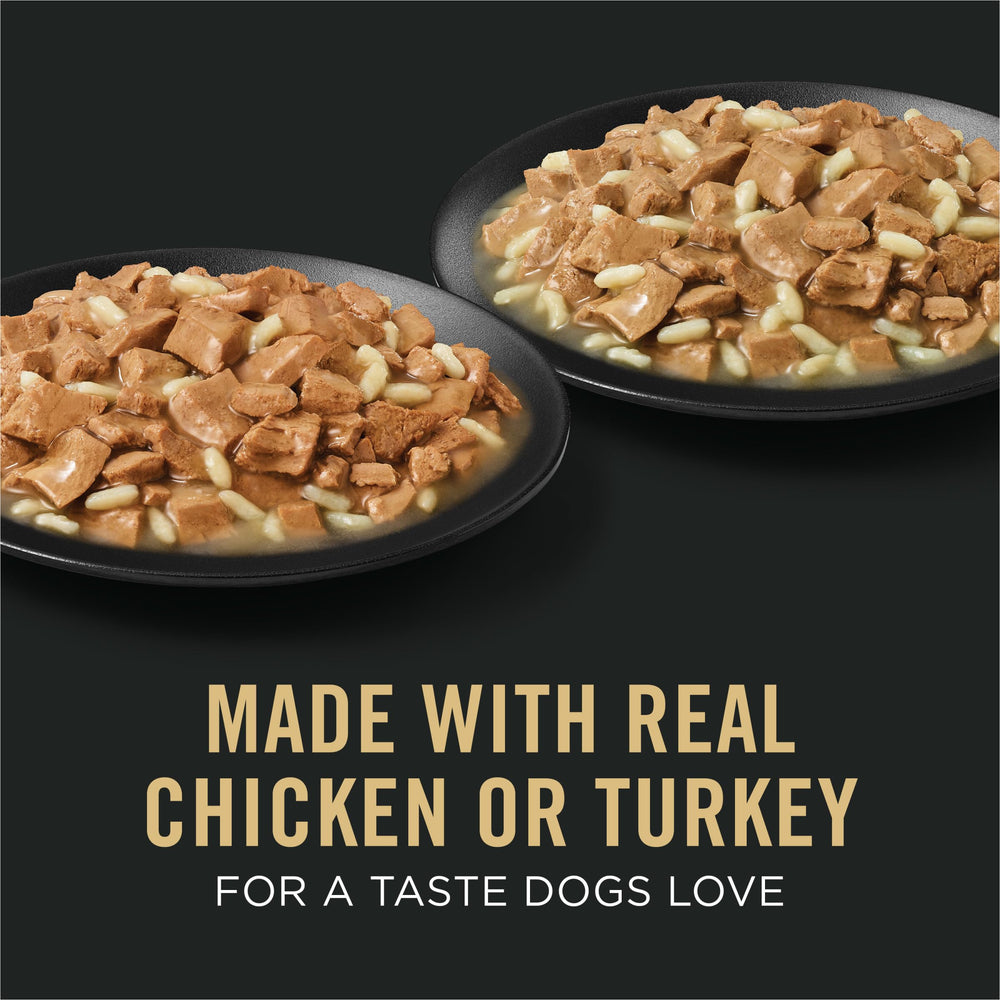 Purina Pro Plan Specialized Gravy Chicken Entree closeup showing savory gravy.