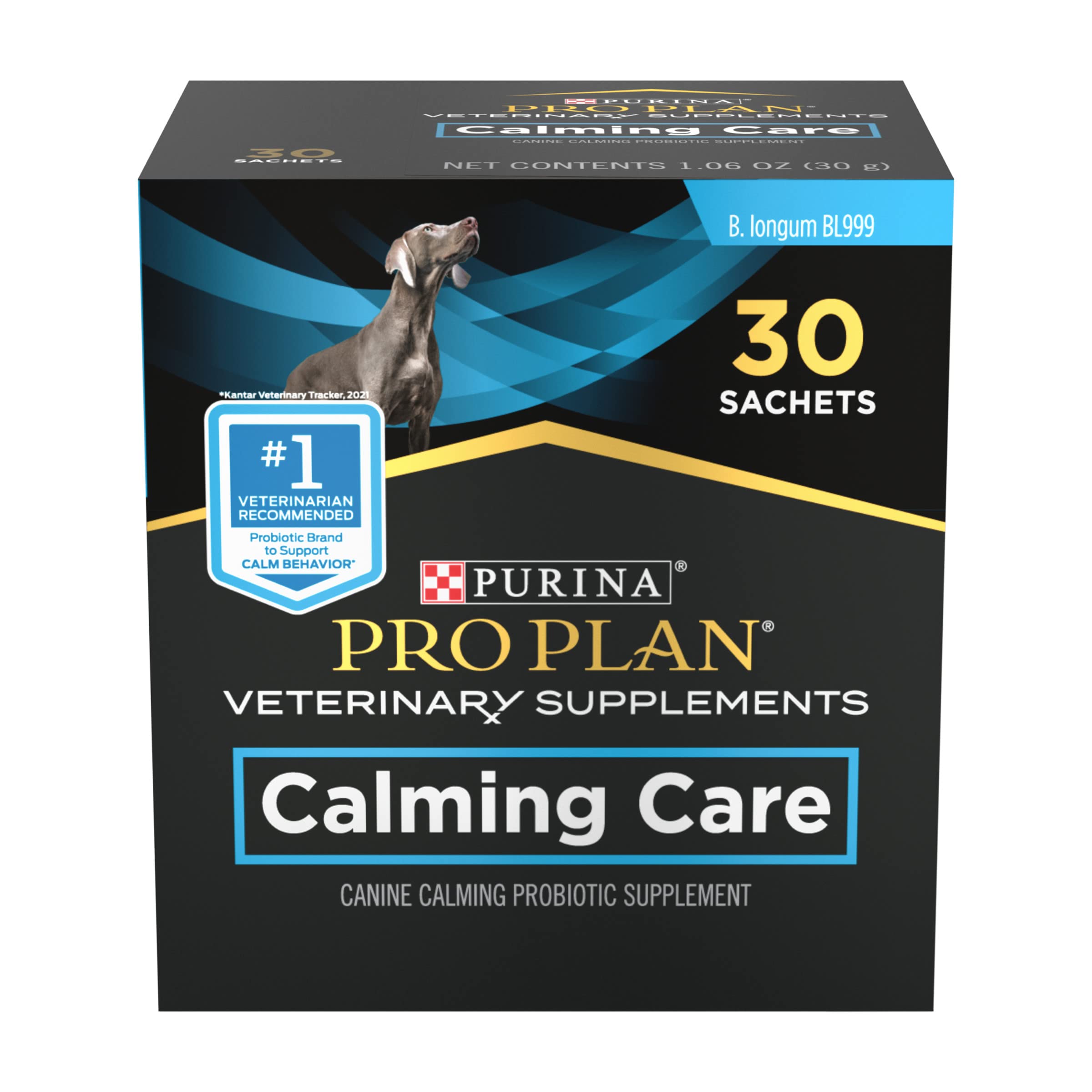 Purina Pro Plan Calming Care box front shows 30-count box supporting calm behavior.