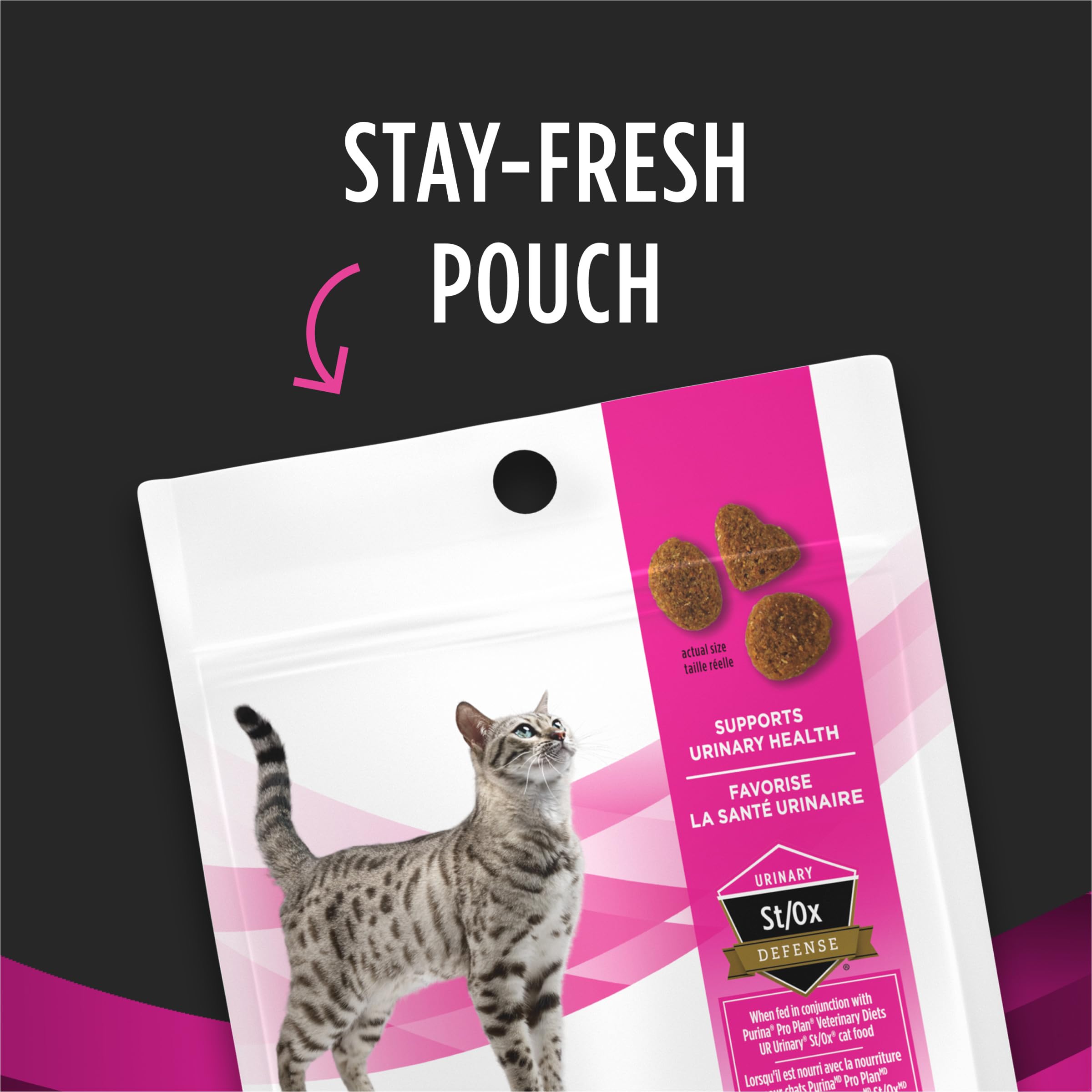 Purina Pro Plan Veterinary Diets Urinary Health Cat Treats open-pack closeup emphasizes freshness retention