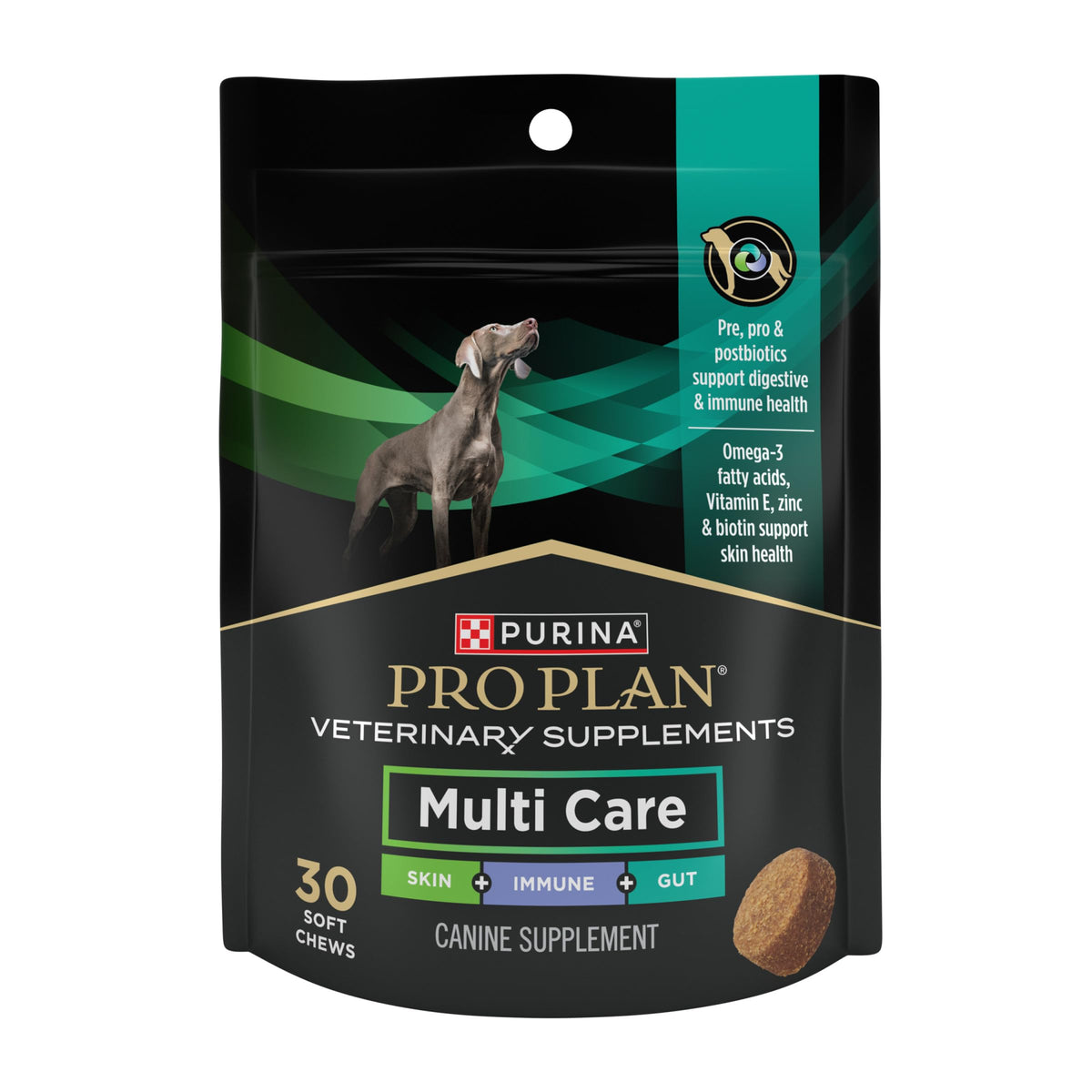 Purina Pro Plan Multi Care dog supplement pouch for daily use supporting skin, digestion, and immunity