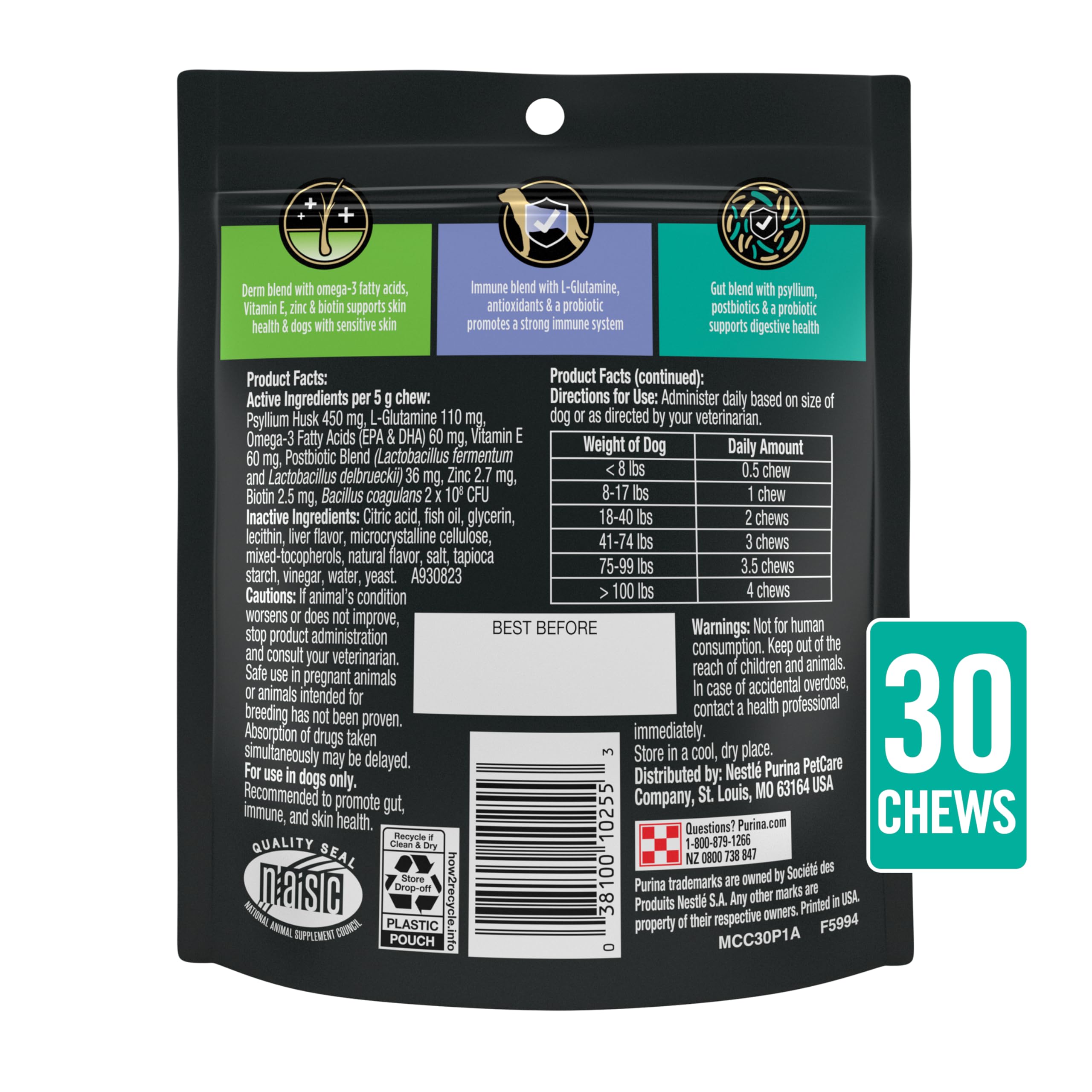 Purina Pro Plan Multi Care omega-3, vitamin E, and zinc for skin and coat vitality