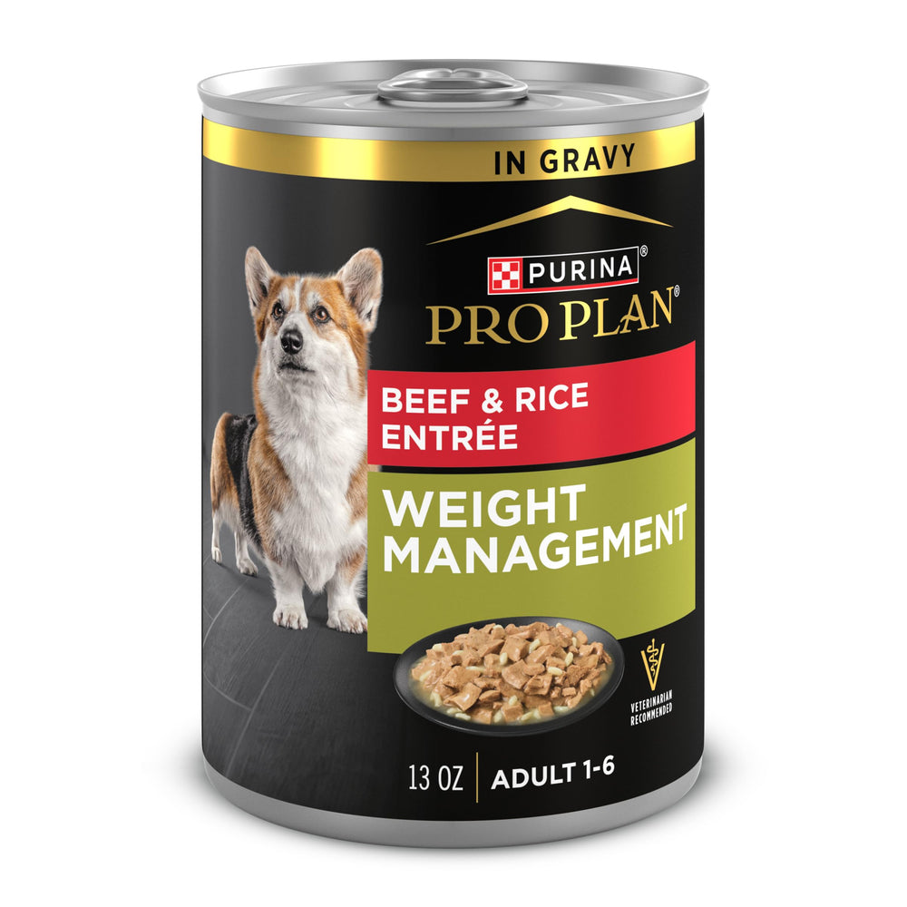 Purina Pro Plan Weight Management Beef and Rice Entree can front view for adult dogs managing weight.