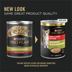 Purina Pro Plan Weight Management Beef and Rice Entree can side view highlighting protein for lean muscle.