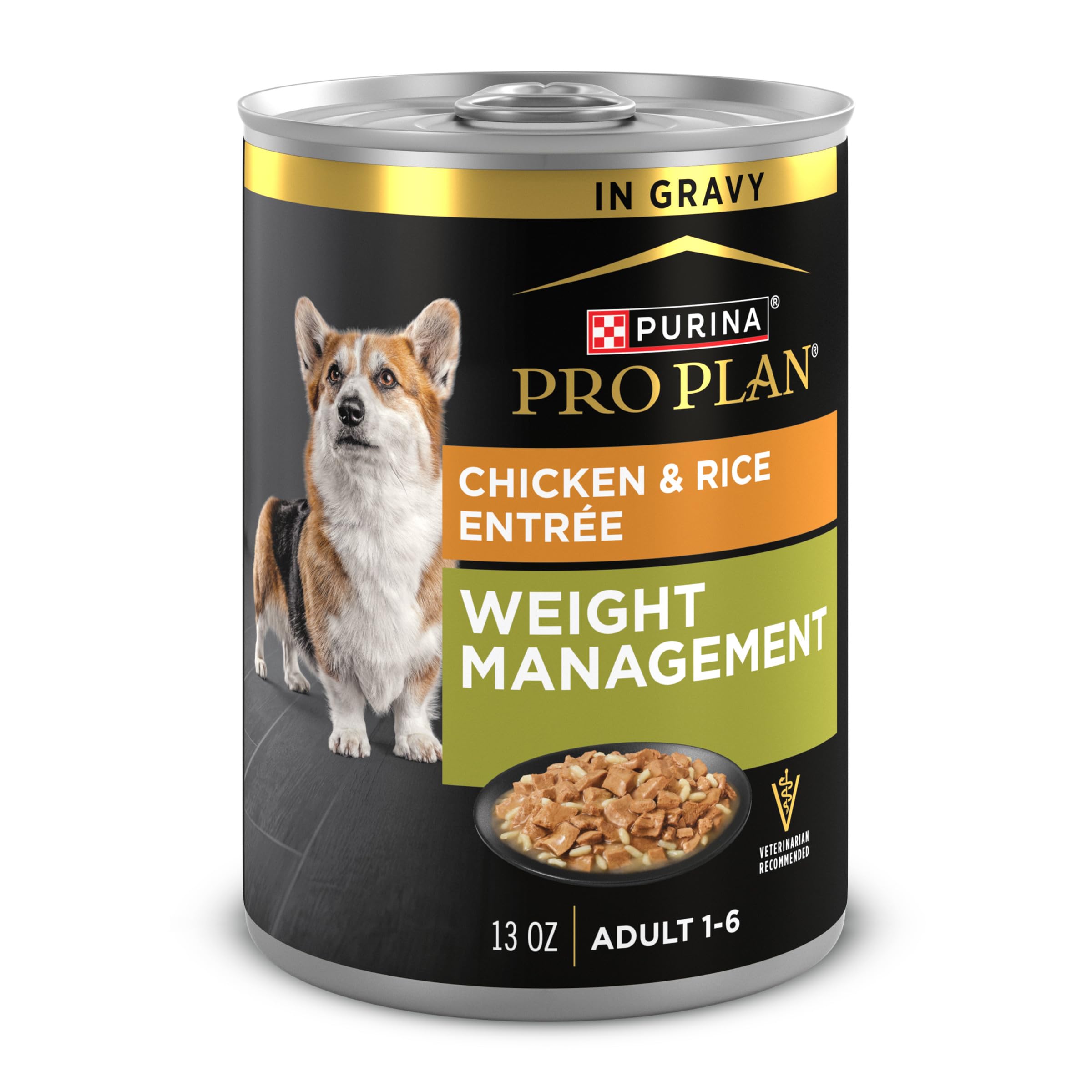 Purina Pro Plan Weight Management can with chicken and gravy supports weight management.
