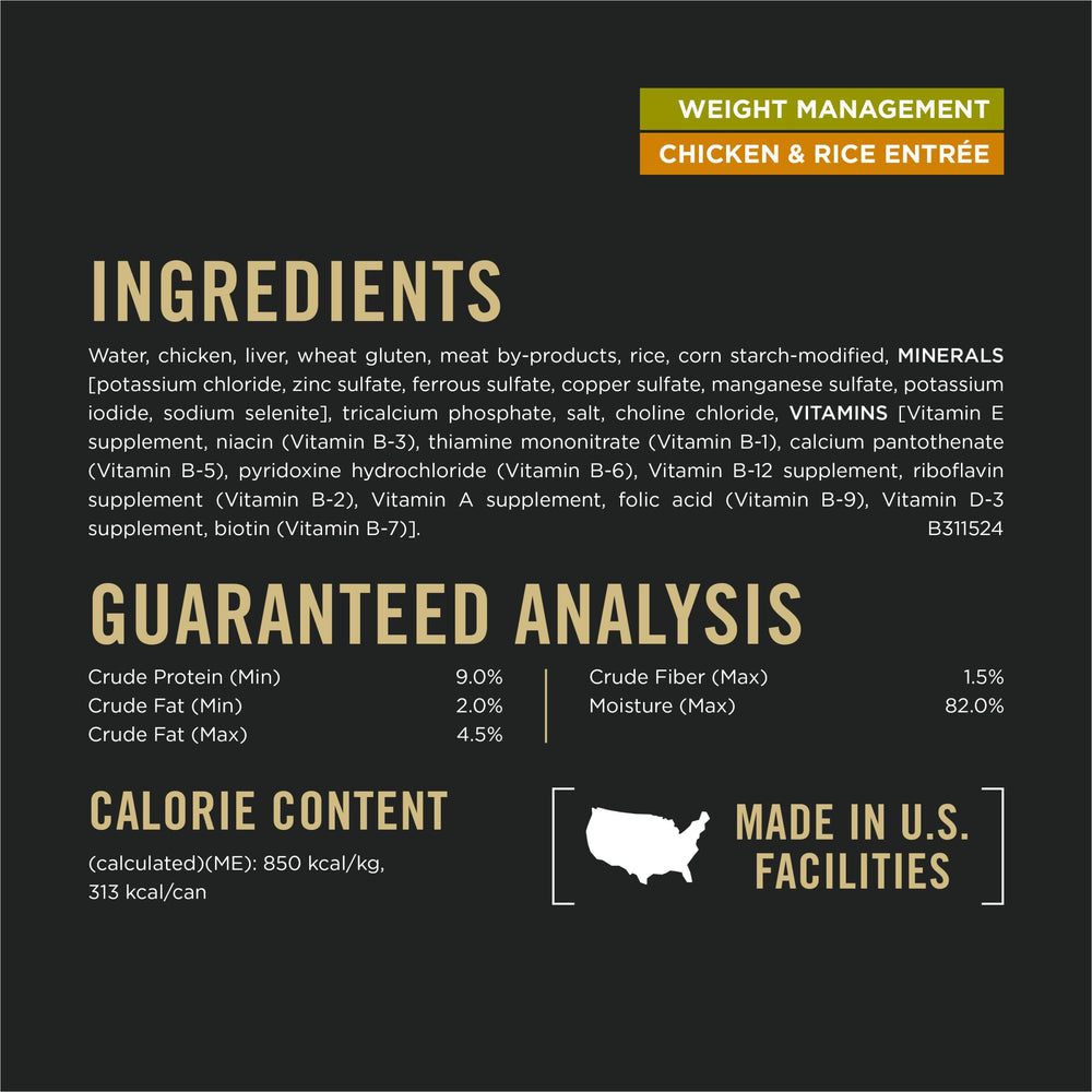 Purina Pro Plan Weight Management packaging twelve cans.