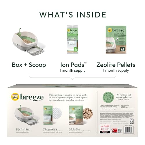 Purina Tidy Cats Breeze box with Zeolite pellets reducing tracking.