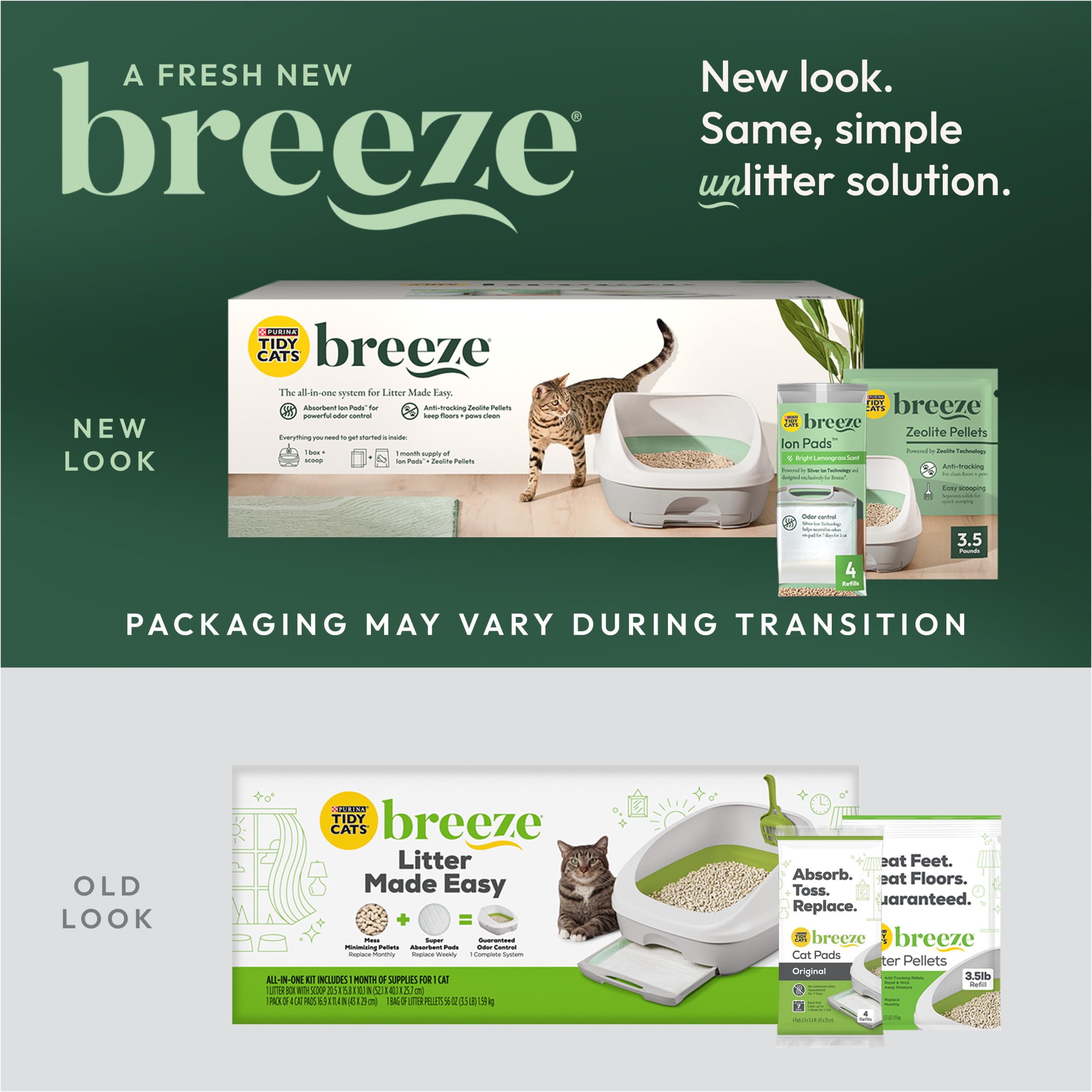 Purina Tidy Cats Breeze pellets closeup showing Zeolite material for odor control.