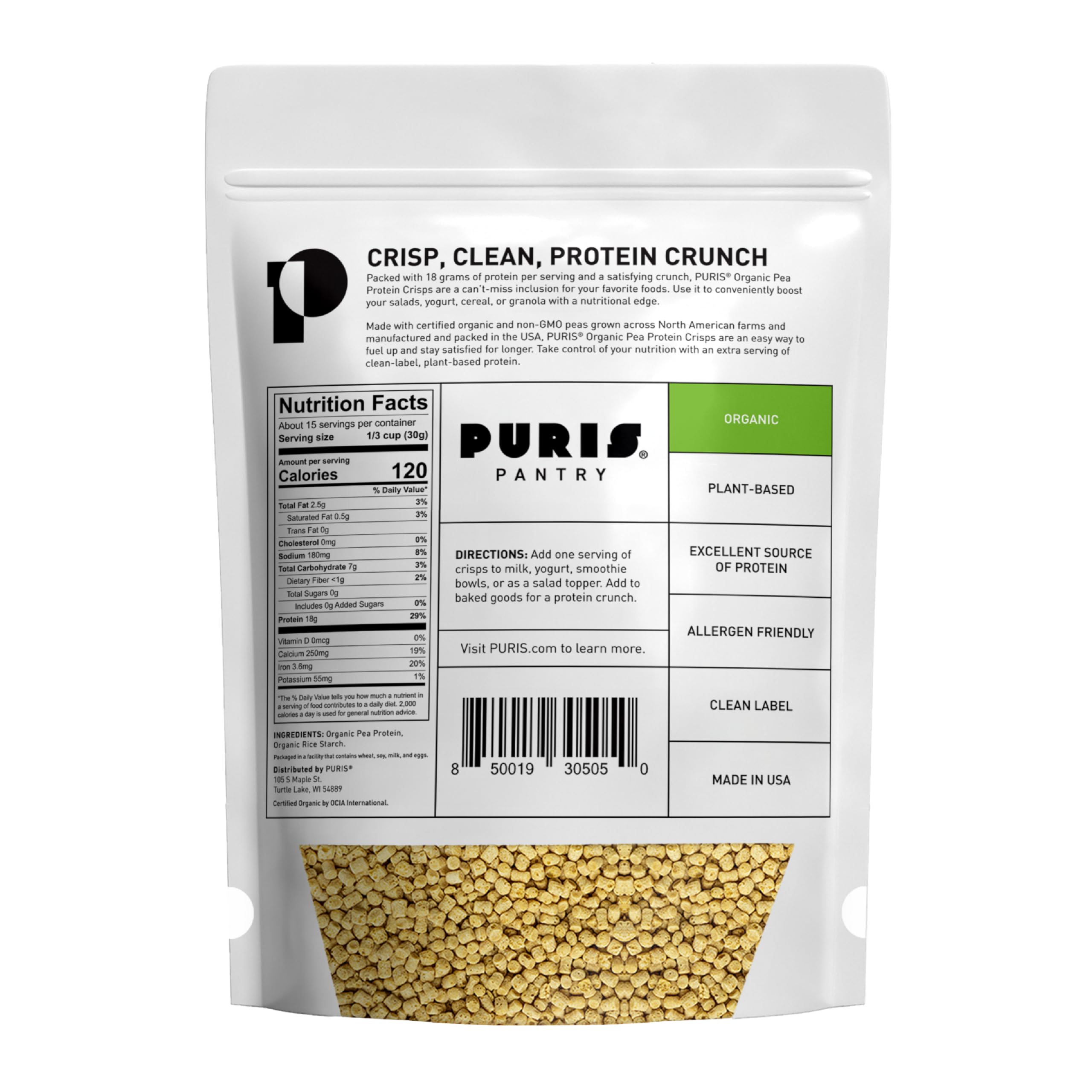 PURIS Organic Pea Protein Crisps texture close-up shows crunchy, gluten-free bite.