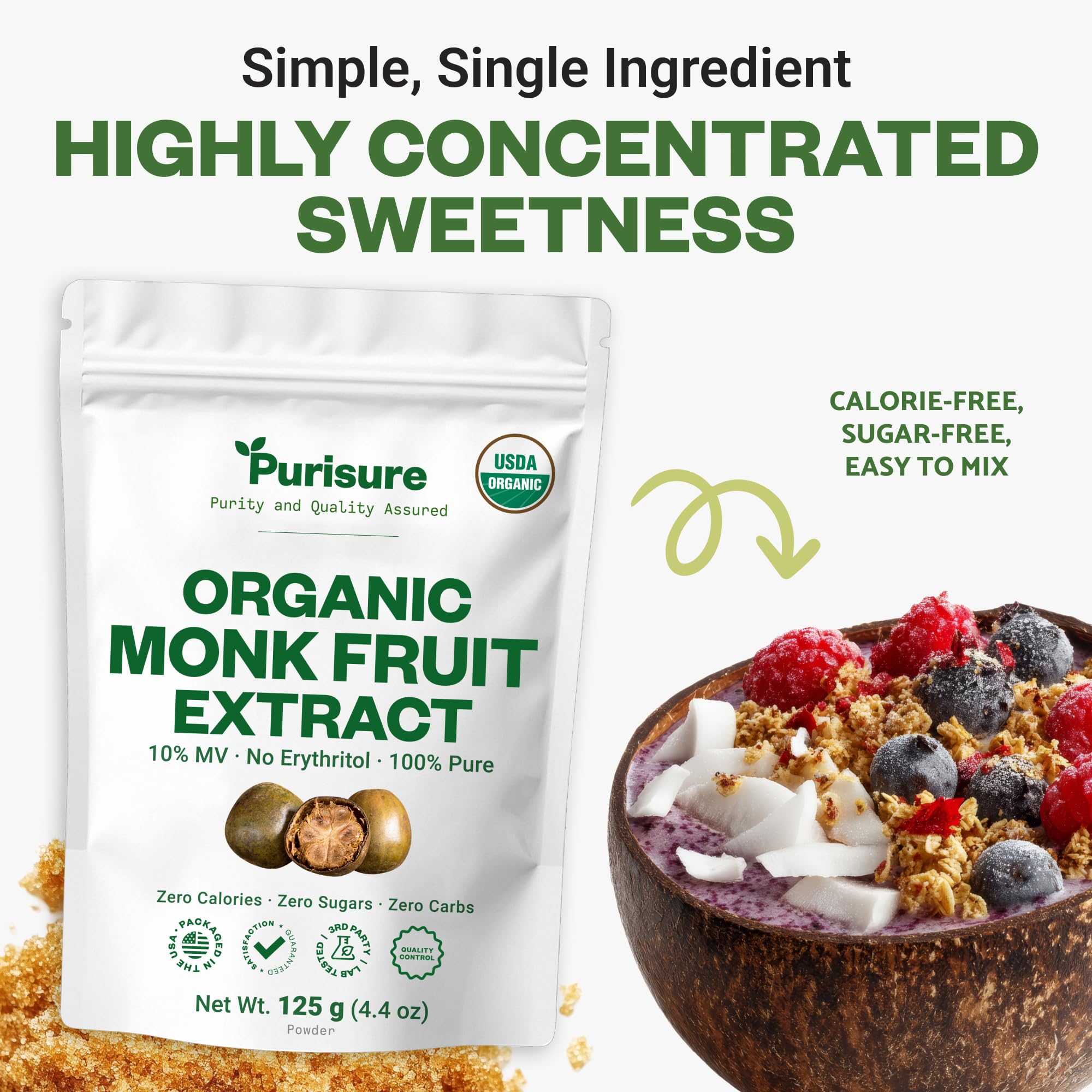 Purisure monk fruit powder in a mug of coffee offering zero-calorie sweetness.