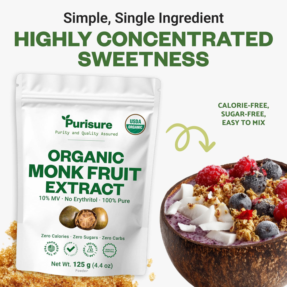 Purisure monk fruit powder in a mug of coffee offering zero-calorie sweetness.