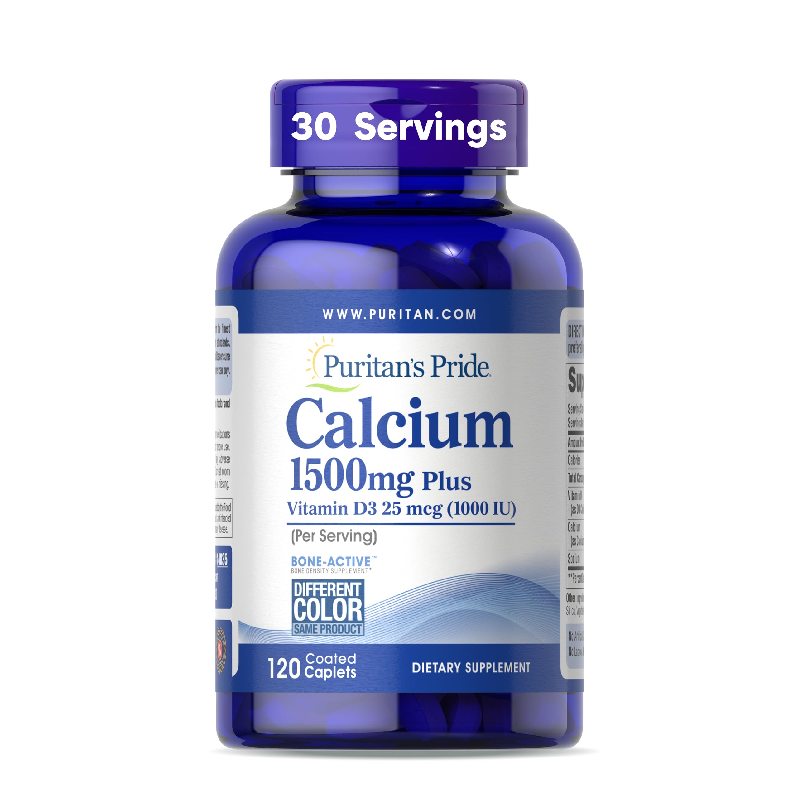 Puritan's Pride absorbable calcium 1500mg bottle closeup highlighting bone support.