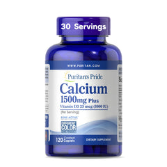 Puritan's Pride absorbable calcium 1500mg bottle closeup highlighting bone support.