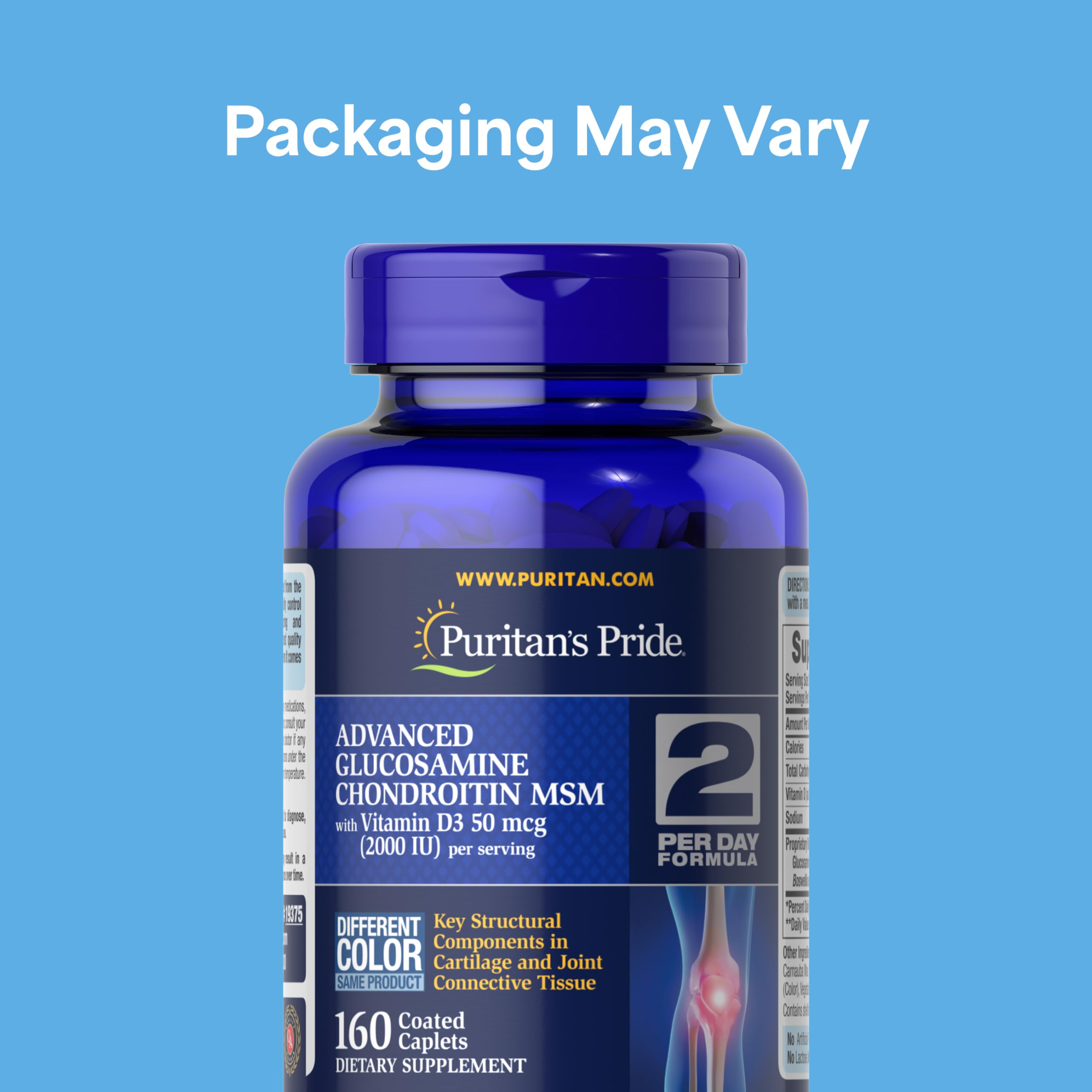Puritan's Pride Advanced Glucosamine bottle cap highlights ease of two-capsule daily servings.