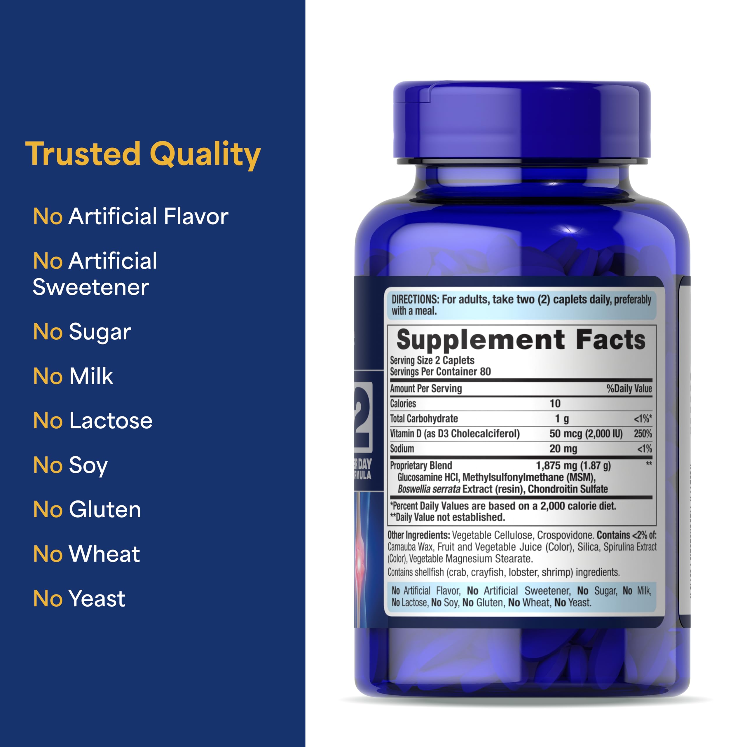 Puritan's Pride packaging shows 160 caplets for a two-per-day plan.