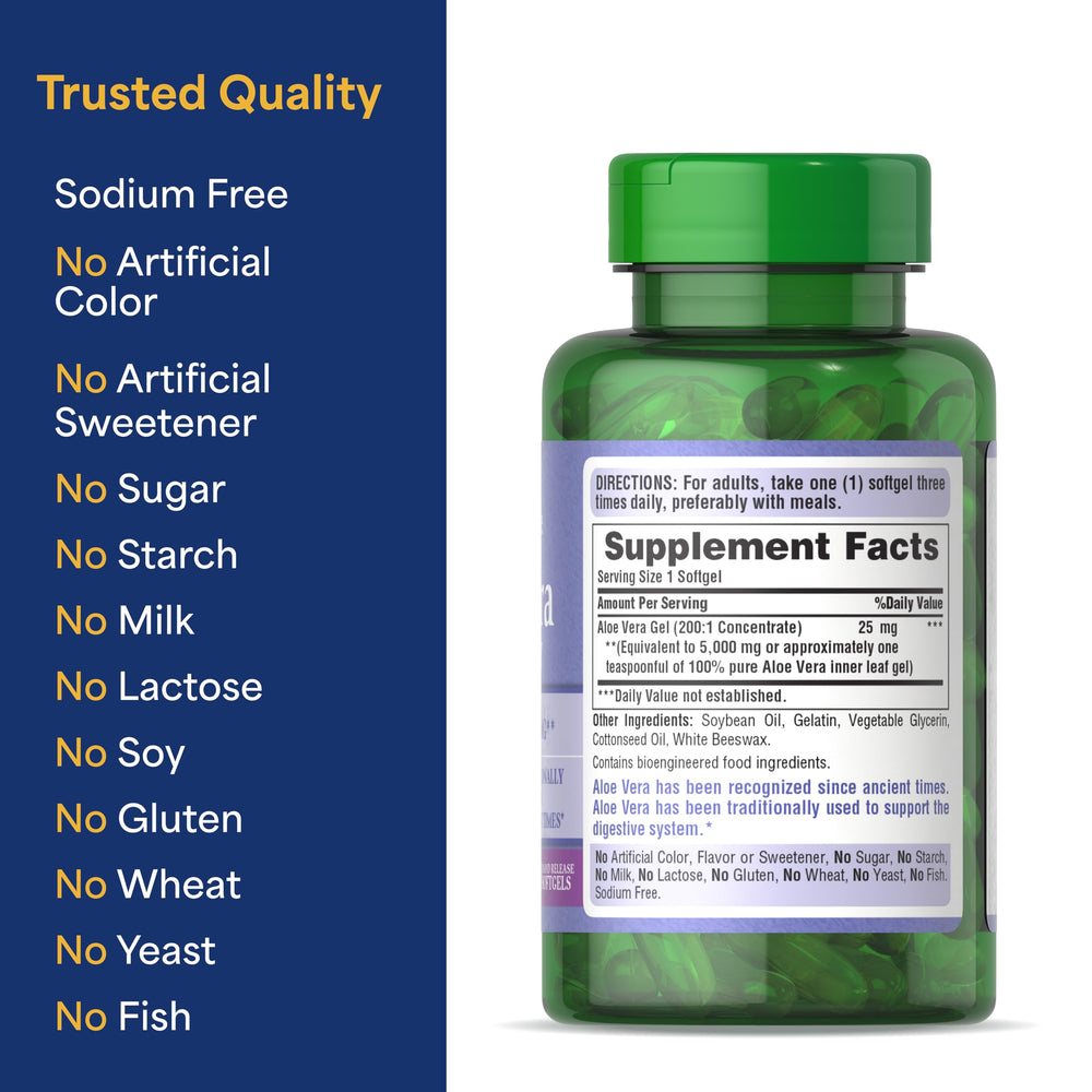 Puritan's Pride Aloe Gel Extract allergen-free label—no sugar, gluten, or dairy.