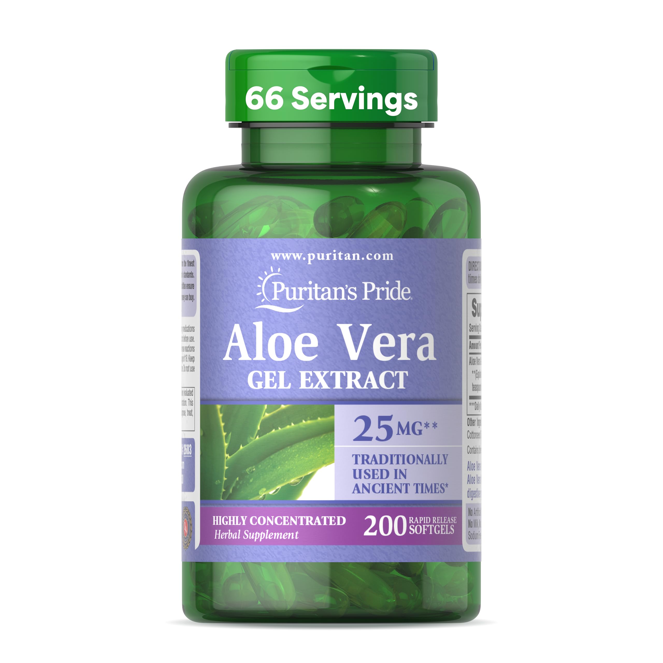 Puritan's Pride Aloe Gel Extract bottle label highlighting 200:1 concentrate.