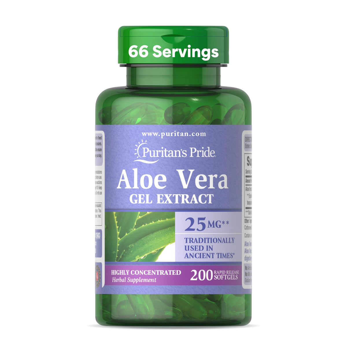 Puritan's Pride Aloe Gel Extract bottle label highlighting 200:1 concentrate.