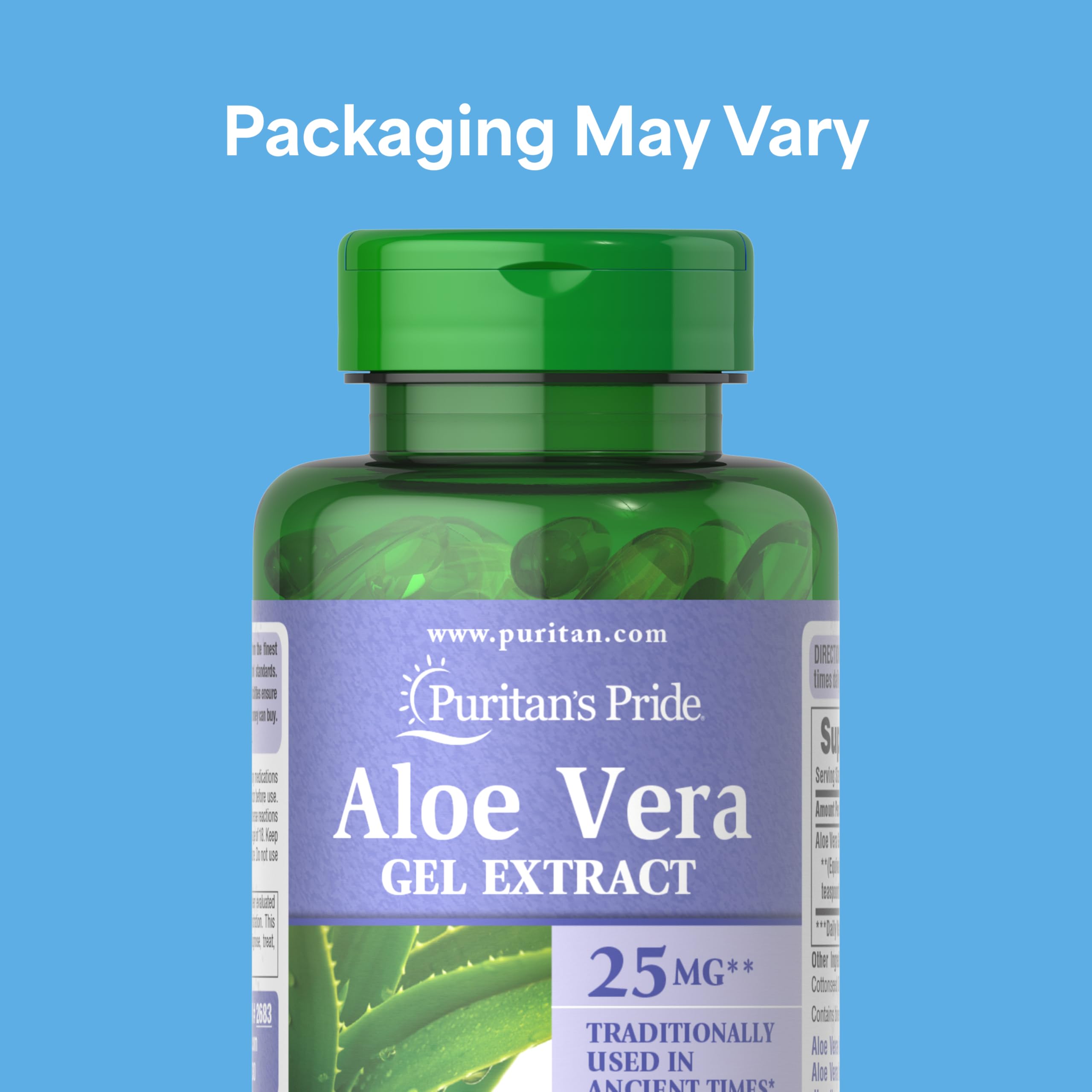 Puritan's Pride Aloe Gel Extract softgels close-up, rapid-release design for quick absorption.
